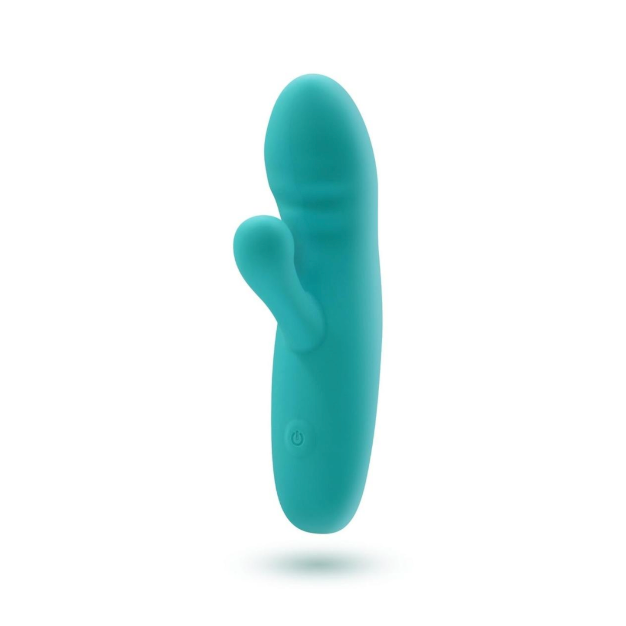 Teal silicone rabbit vibrator with ridged tip, dual motors, and flexible design.