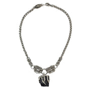 Tourmaline necklace claw stainless steel wheat maille chain compassion friendship gem gems gemstones crystals queen boho bohemian chic goth gothic viking celtic fairy wicca witch emo punk halloween choker edgy grunge witchcraft moon-phase moonphase crescent moon moonchild rocker festival hippie gypsie healing jewelry black silver 