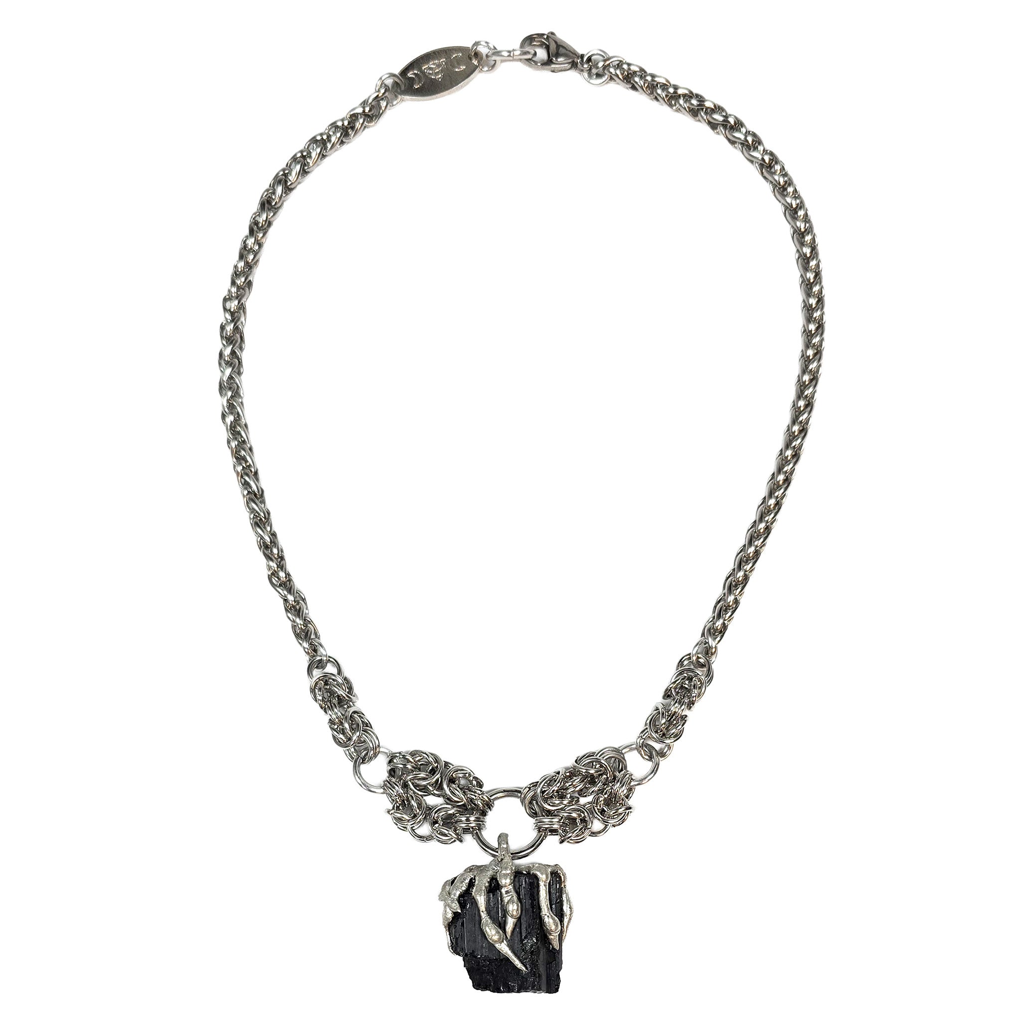 Tourmaline necklace claw stainless steel wheat maille chain compassion friendship gem gems gemstones crystals queen boho bohemian chic goth gothic viking celtic fairy wicca witch emo punk halloween choker edgy grunge witchcraft moon-phase moonphase crescent moon moonchild rocker festival hippie gypsie healing jewelry black silver 