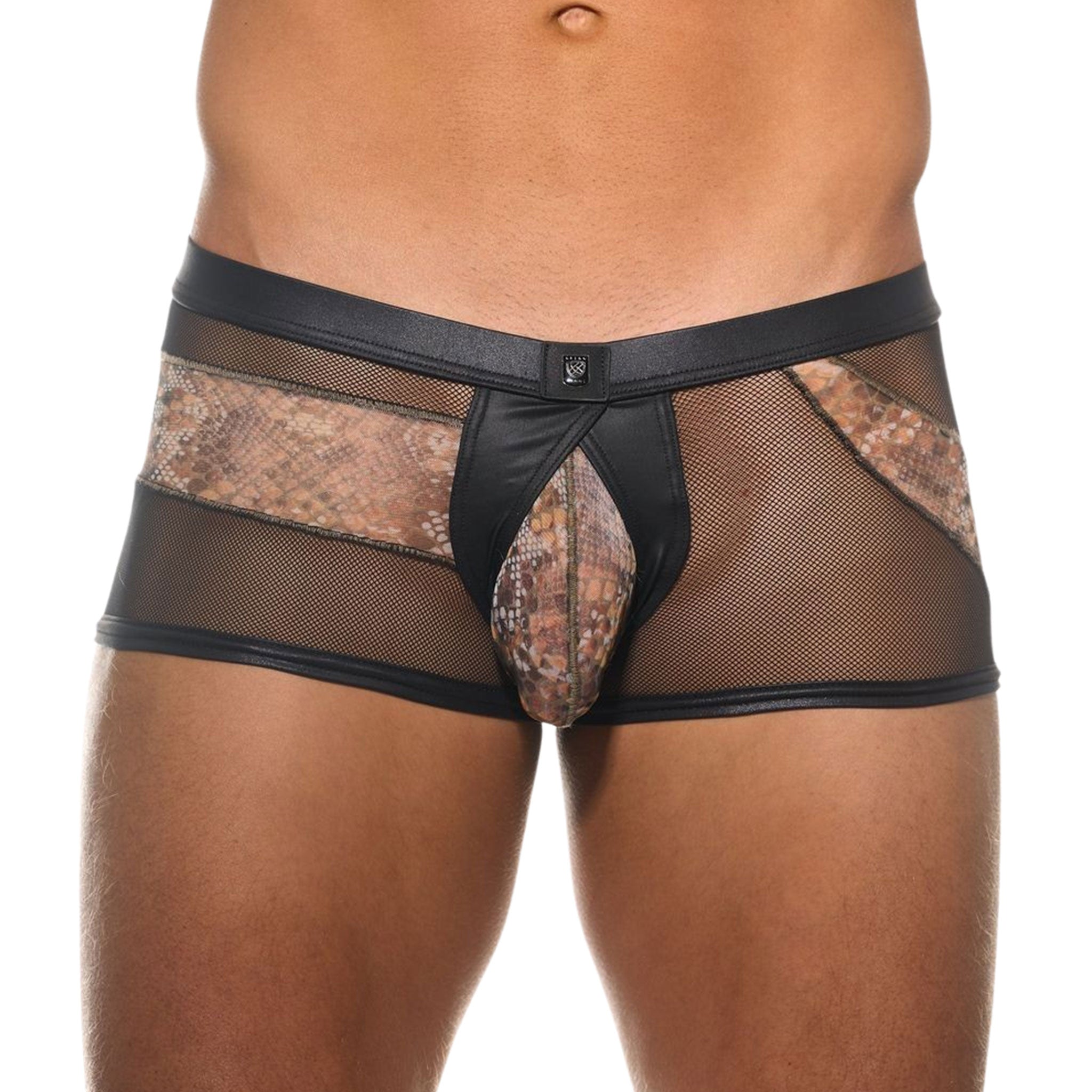Mesh wetlook lingerie underwear brief briefs fishnet fish-net fish net volume triple textured tri-textured cobra snake snakeskin snakeprint snake-print exotic designer fashion fetish-fashion alt-fashion men men's male masculine black brown