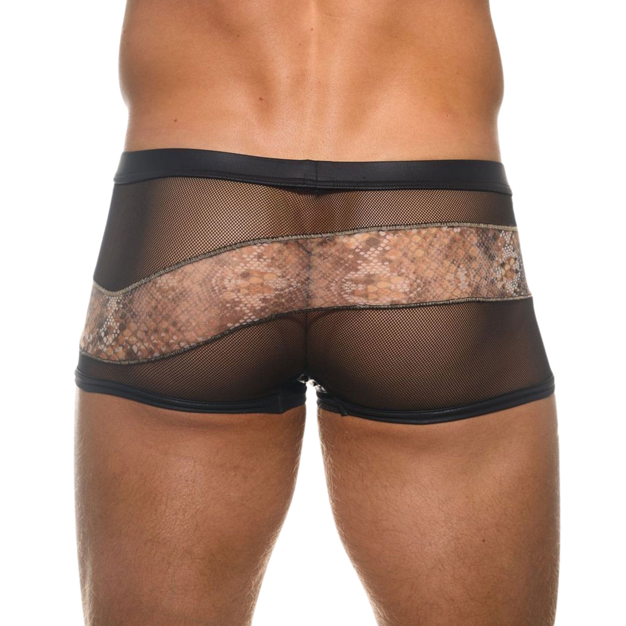 Mesh wetlook lingerie underwear brief briefs fishnet fish-net fish net volume triple textured tri-textured cobra snake snakeskin snakeprint snake-print exotic designer fashion fetish-fashion alt-fashion men men's male masculine black brown