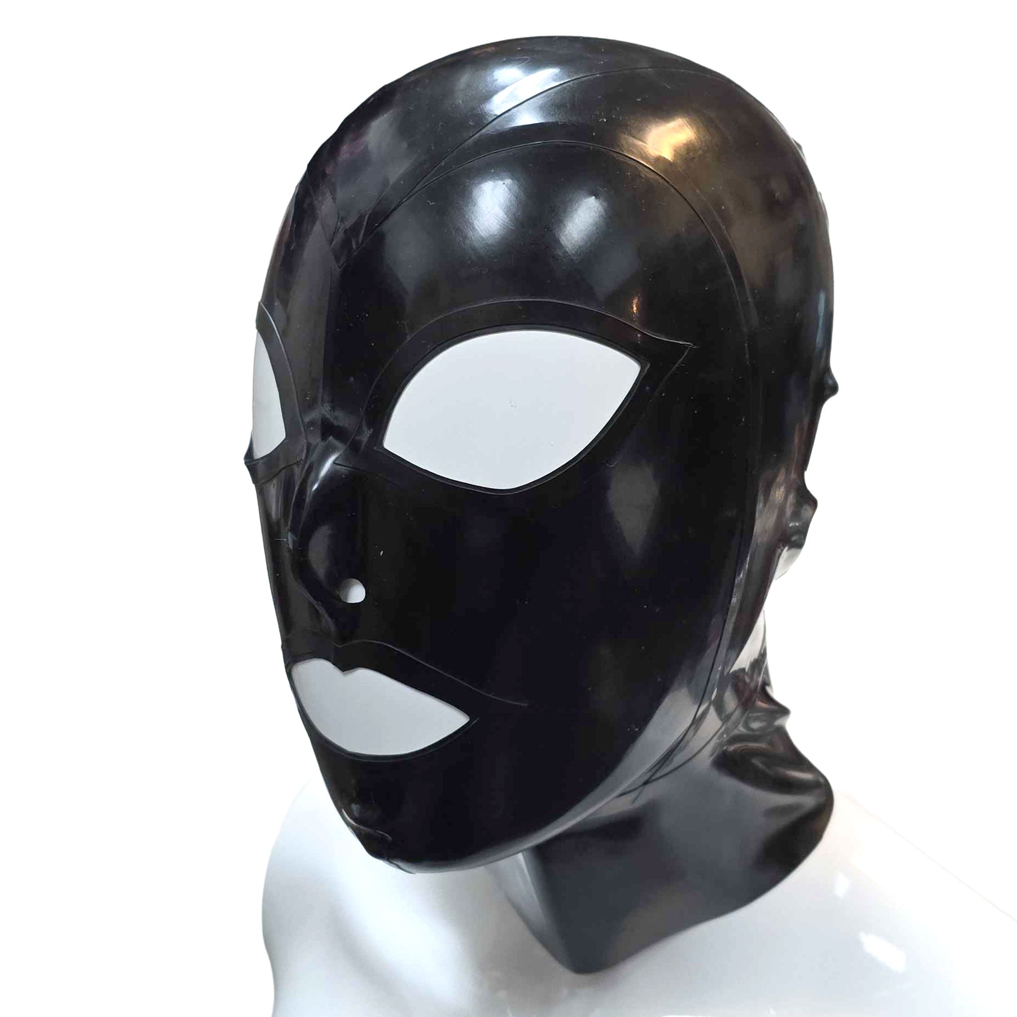 Latex rubber accessories hood mask trimmed contrast-trim anatomical pull-thru hair-hole zipper back-zip clean-lines form-fitting durable anonymizing anonymous shiny glossy fetish fashion alt-fashion bondage bdsm bdsm-gear bdsm-play kink kinky kinky-play kinkwear costume cosplay halloween unisex black