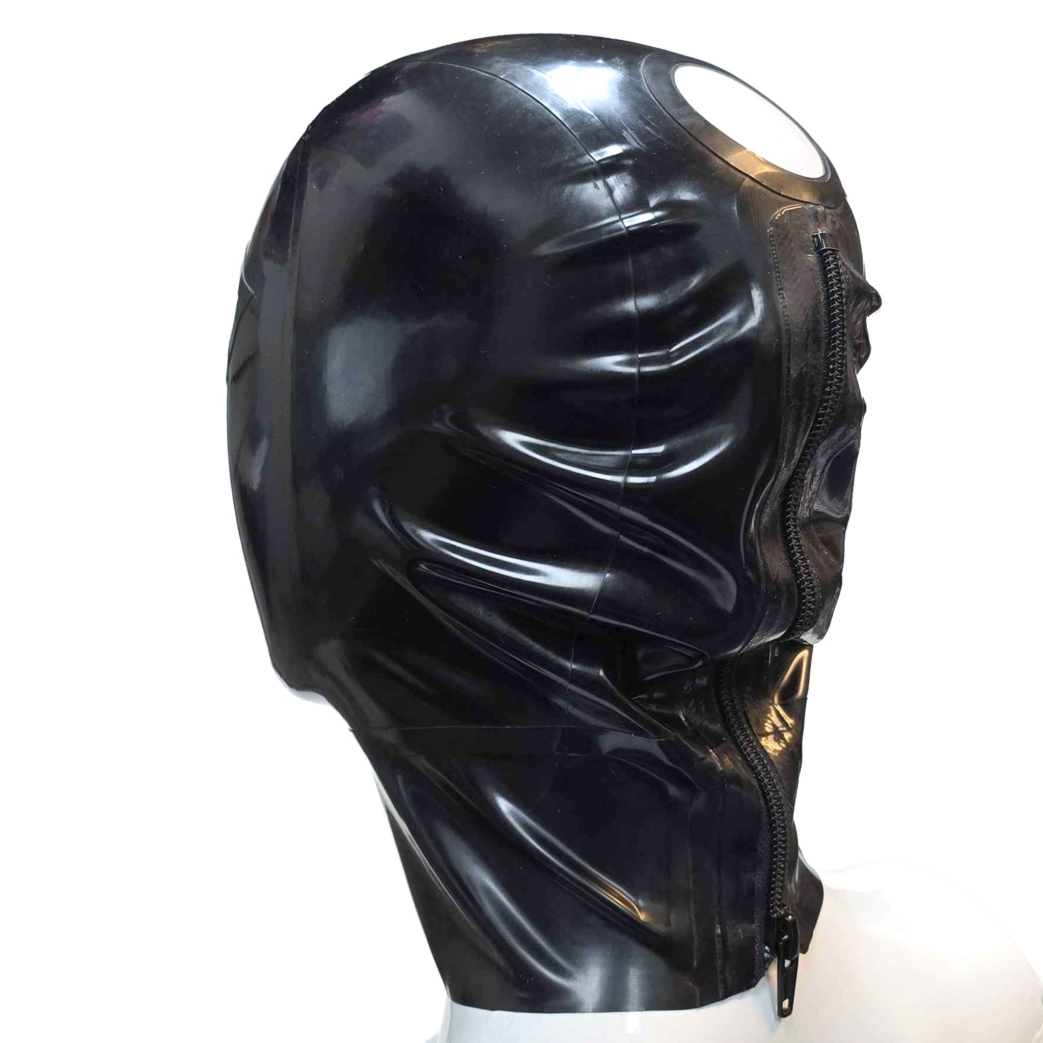 Latex rubber accessories hood mask trimmed contrast-trim anatomical pull-thru hair-hole zipper back-zip clean-lines form-fitting durable anonymizing anonymous shiny glossy fetish fashion alt-fashion bondage bdsm bdsm-gear bdsm-play kink kinky kinky-play kinkwear costume cosplay halloween unisex black