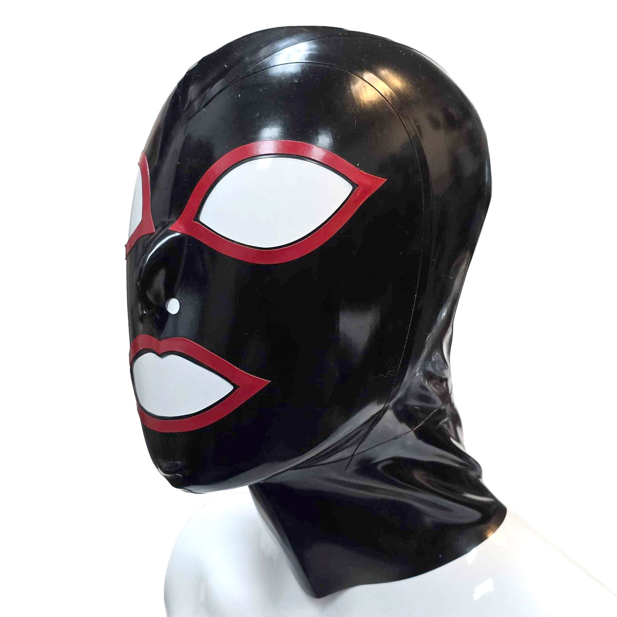 Latex rubber accessories hood mask trimmed contrast-trim anatomical pull-thru hair-hole zipper back-zip clean-lines form-fitting durable anonymizing anonymous shiny glossy fetish fashion alt-fashion bondage bdsm bdsm-gear bdsm-play kink kinky kinky-play kinkwear costume cosplay halloween unisex black red