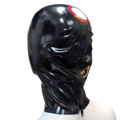 Latex rubber accessories hood mask trimmed contrast-trim anatomical pull-thru hair-hole zipper back-zip clean-lines form-fitting durable anonymizing anonymous shiny glossy fetish fashion alt-fashion bondage bdsm bdsm-gear bdsm-play kink kinky kinky-play kinkwear costume cosplay halloween unisex black red