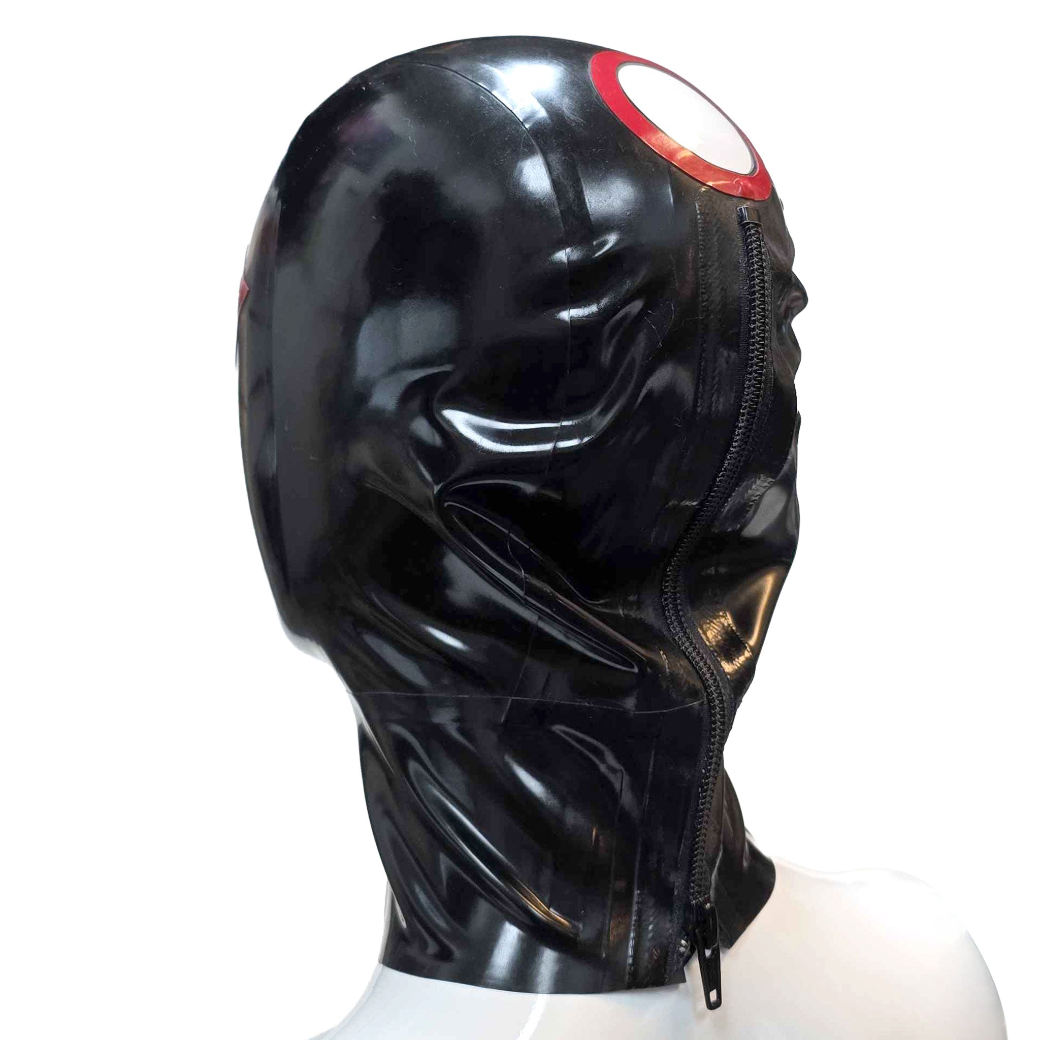 Latex rubber accessories hood mask trimmed contrast-trim anatomical pull-thru hair-hole zipper back-zip clean-lines form-fitting durable anonymizing anonymous shiny glossy fetish fashion alt-fashion bondage bdsm bdsm-gear bdsm-play kink kinky kinky-play kinkwear costume cosplay halloween unisex black red