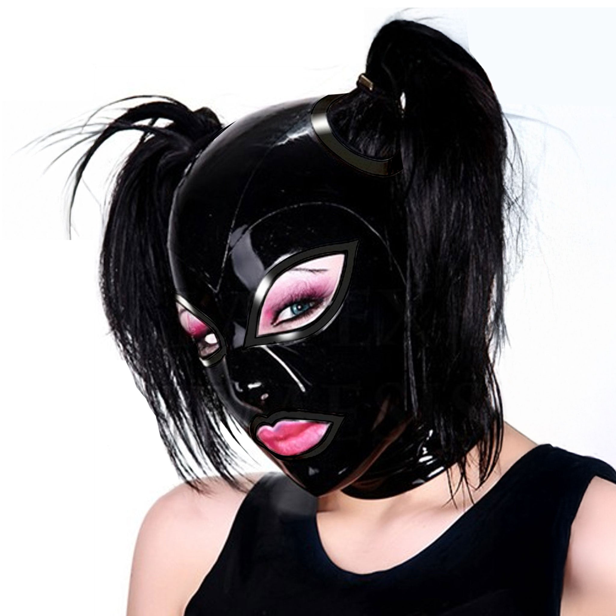 Latex hood mask 5-panel anatomical eyes nostrils mouth contrast-trim trimmed pull holes hair back-zip zipper bondage bdsm bdsm-gear kink kinky accessories black