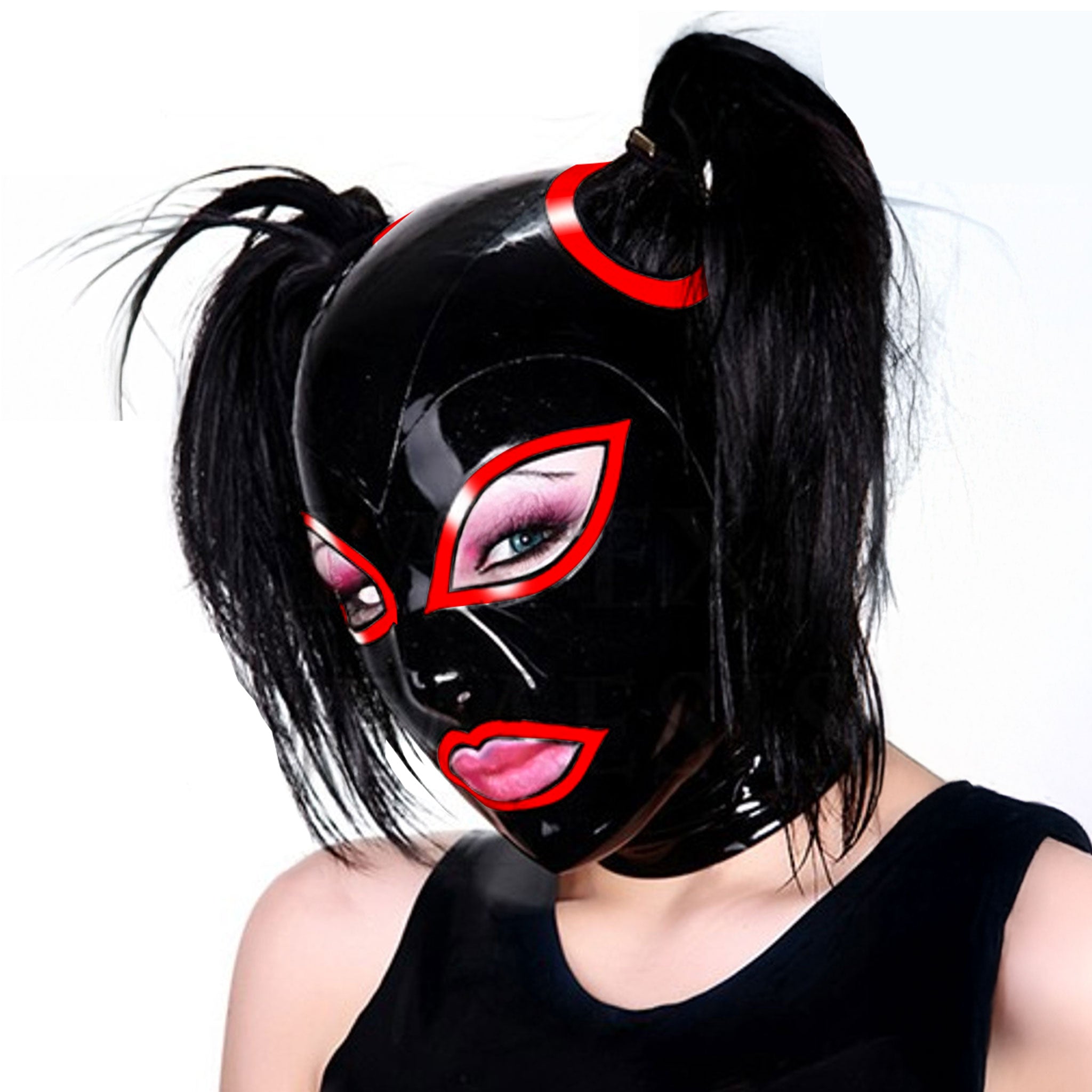 Latex hood mask 5-panel anatomical eyes nostrils mouth contrast-trim trimmed pull holes hair back-zip zipper bondage bdsm bdsm-gear kink kinky accessories black red