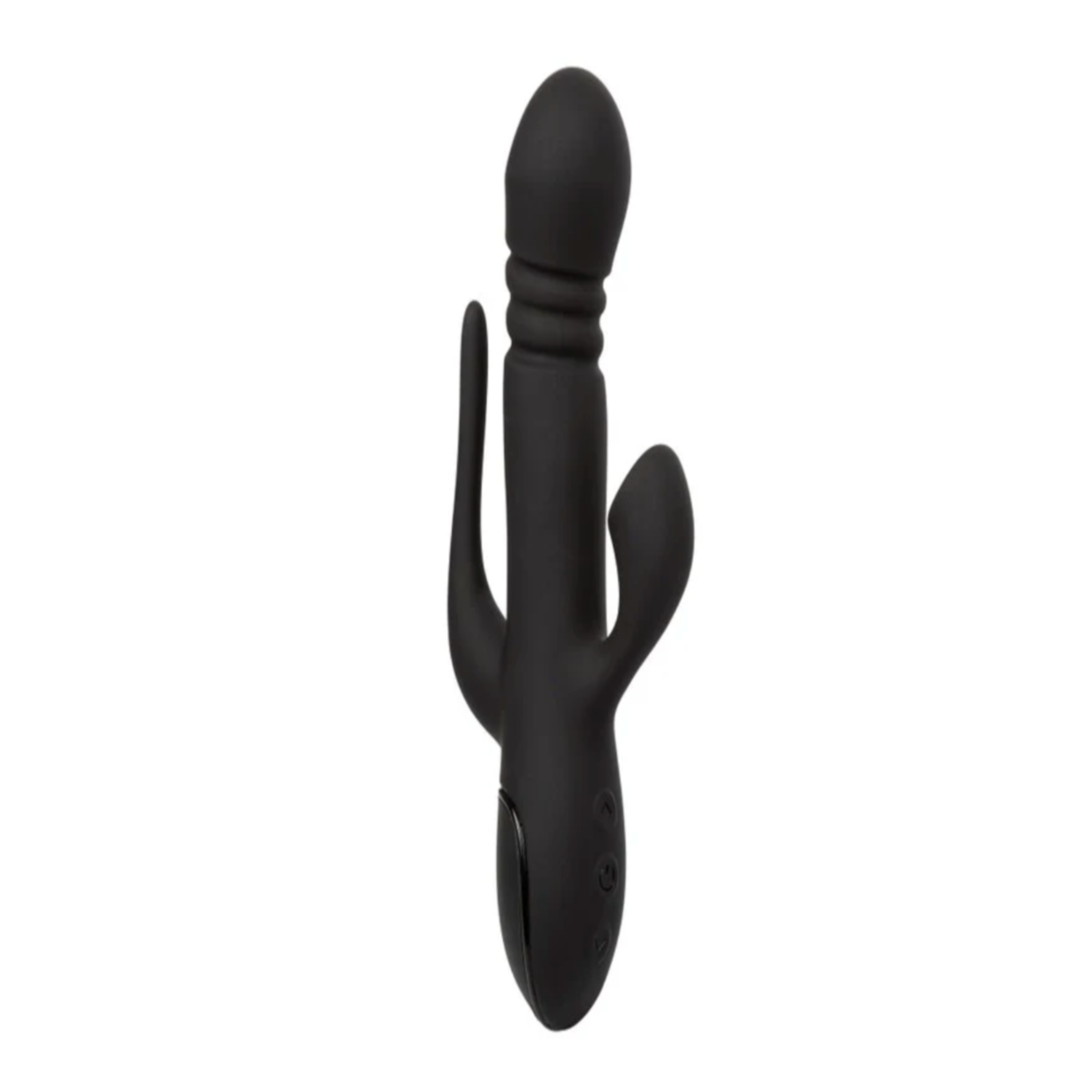 black triple euphoria vibrator, thrusting vibrating clitoral suction stimulator, rechargeable silicone triple vibrator, g-spot and anal vibrator combo, luxury waterproof sex toy, suction vibrator for women, Fetish Factory triple stimulator