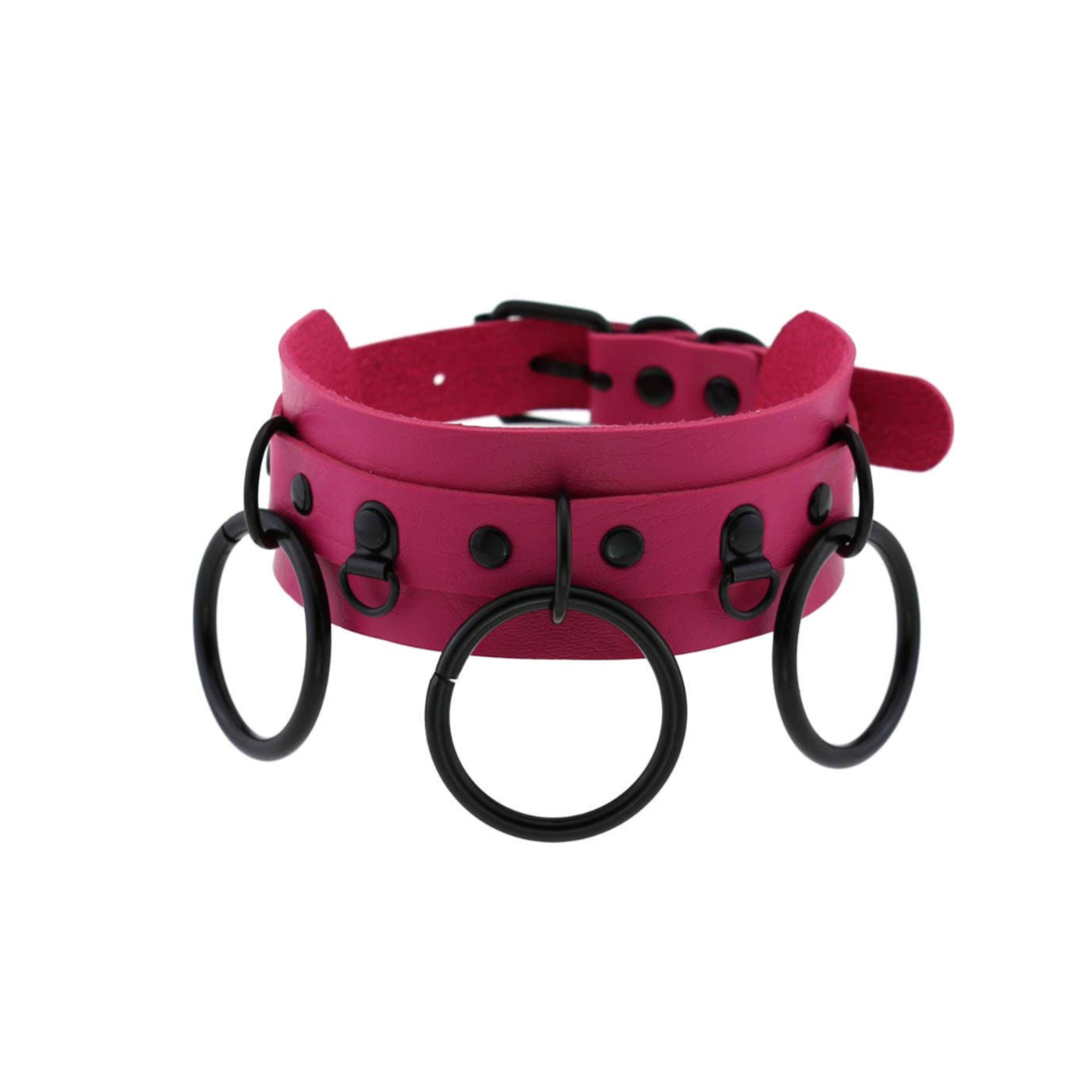 triple ring collar gothic faux leather choker double layer design three o-rings adjustable strap punk fetish neckwear