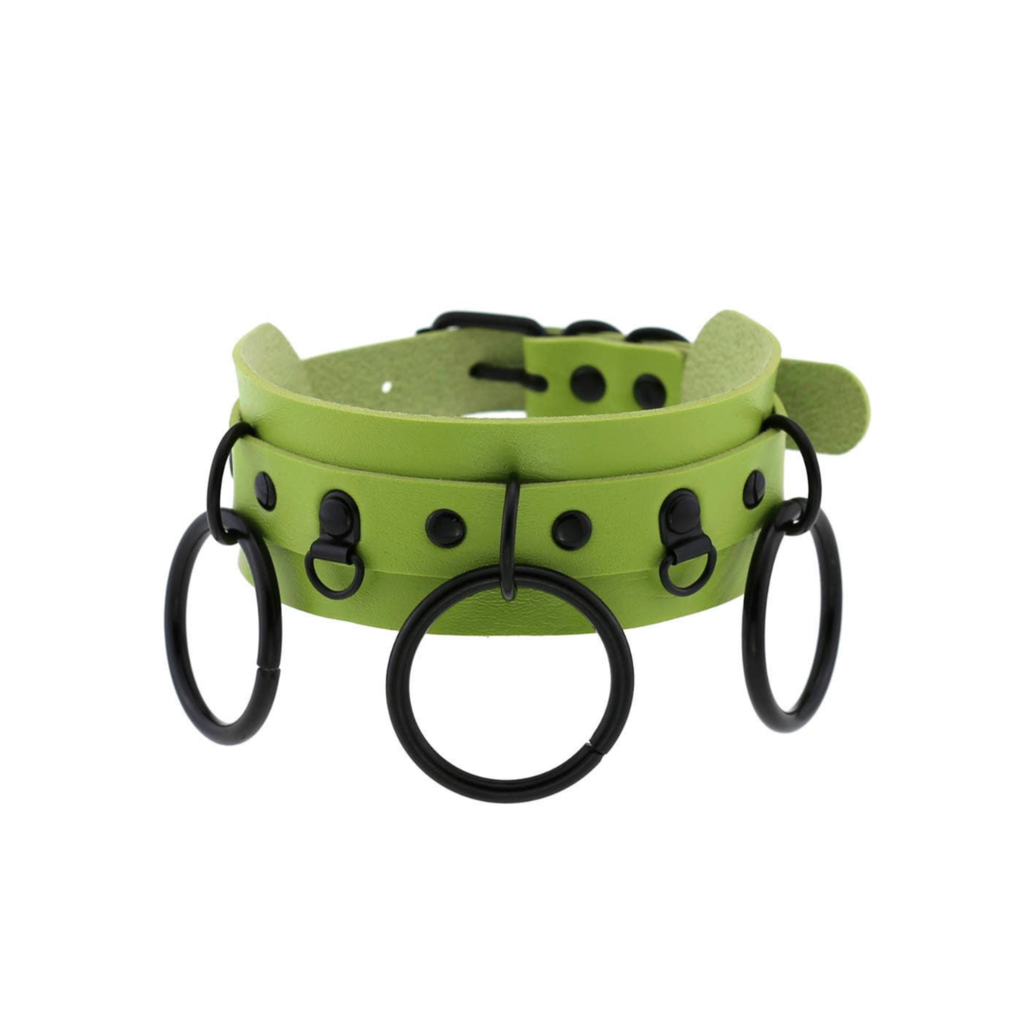 triple ring collar gothic faux leather choker double layer design three o-rings adjustable strap punk fetish neckwear