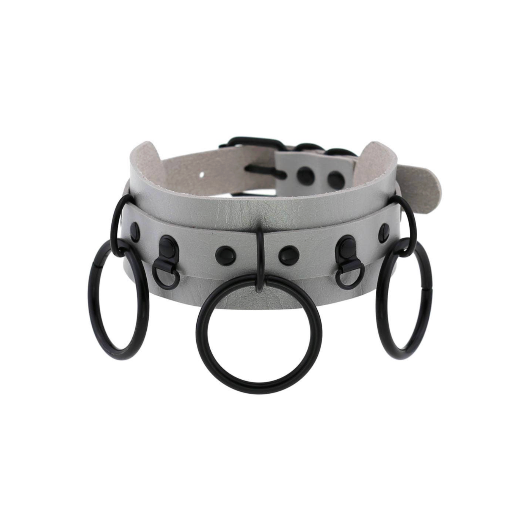 triple ring collar gothic faux leather choker double layer design three o-rings adjustable strap punk fetish neckwear