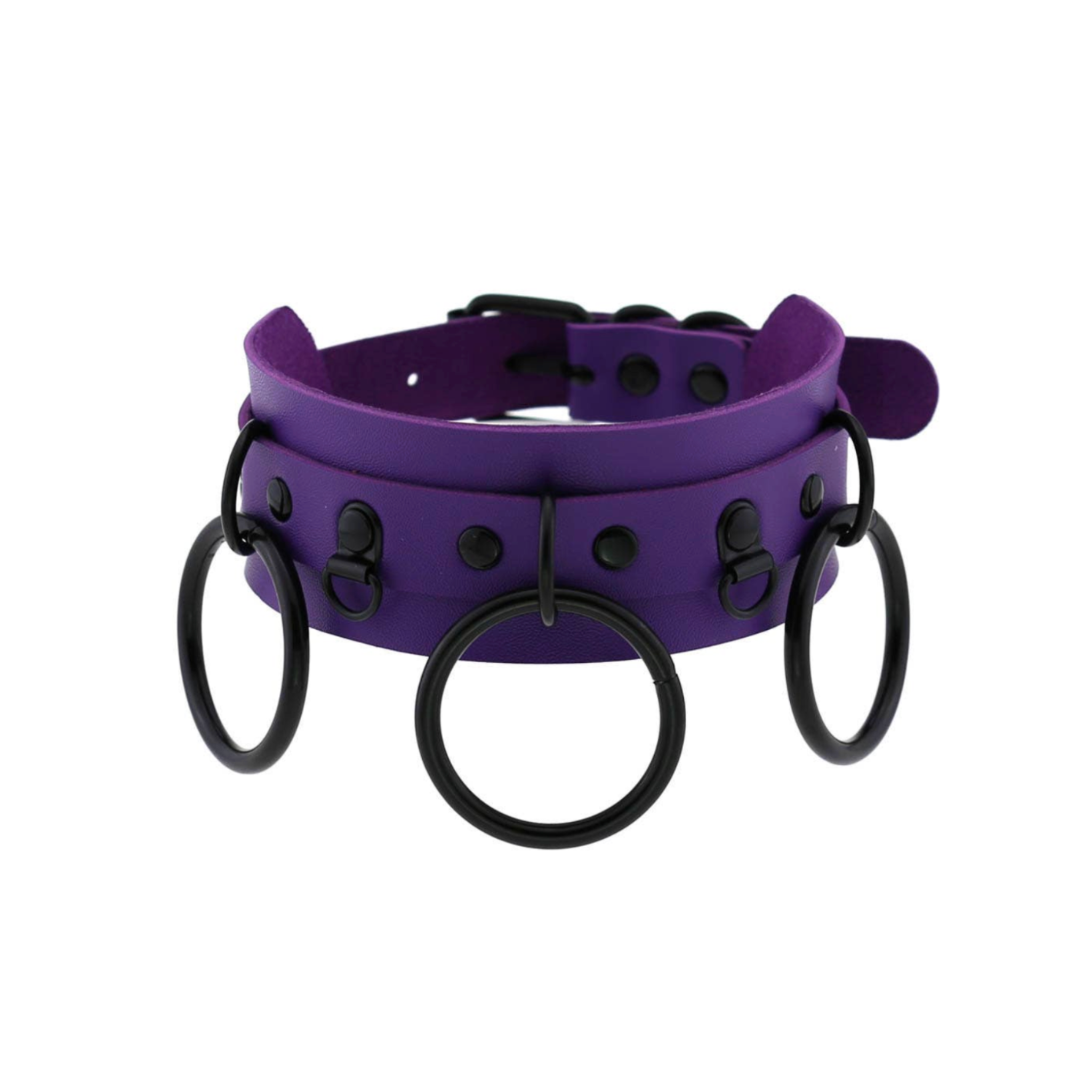 triple ring collar gothic faux leather choker double layer design three o-rings adjustable strap punk fetish neckwear
