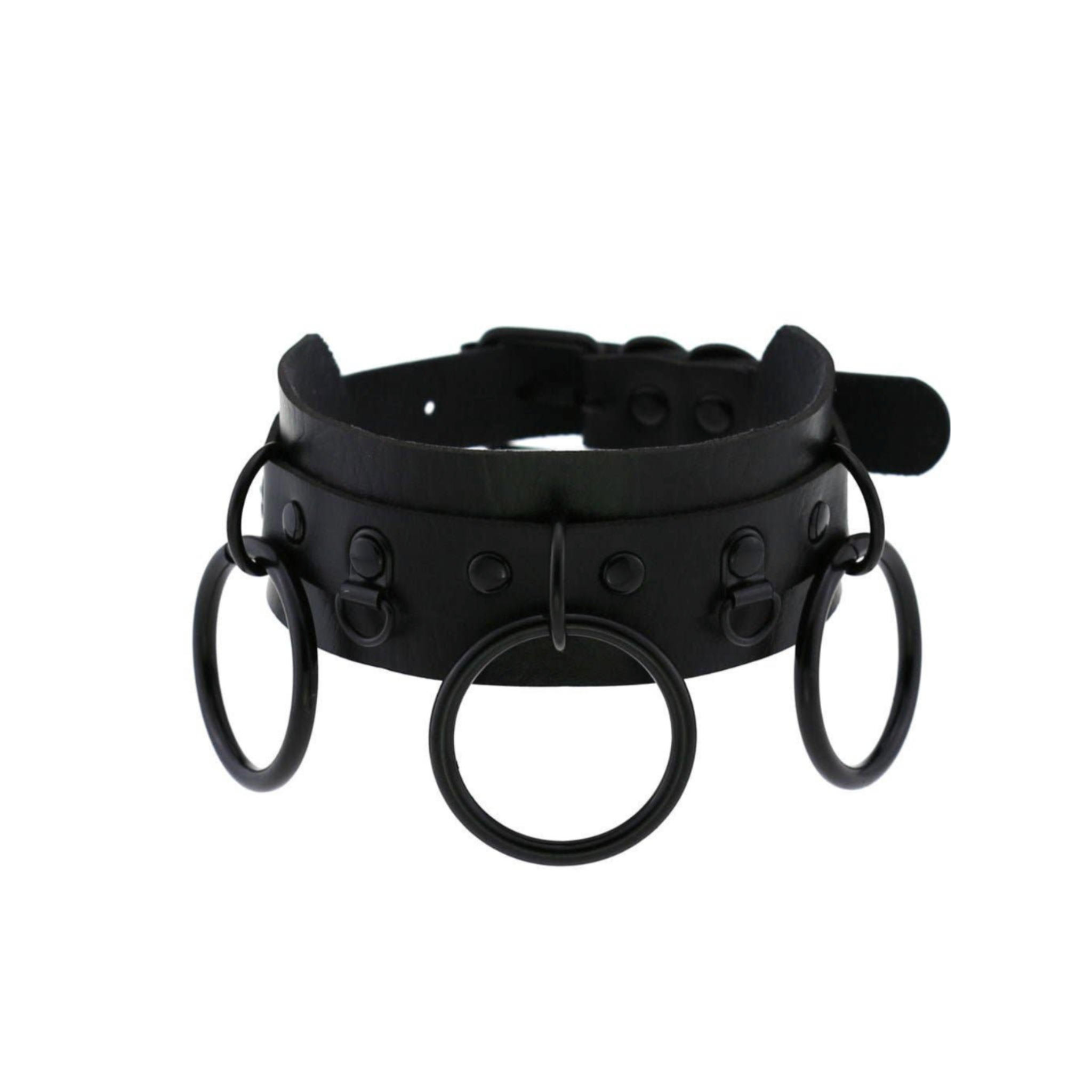 triple ring collar gothic faux leather choker double layer design three o-rings adjustable strap punk fetish neckwear