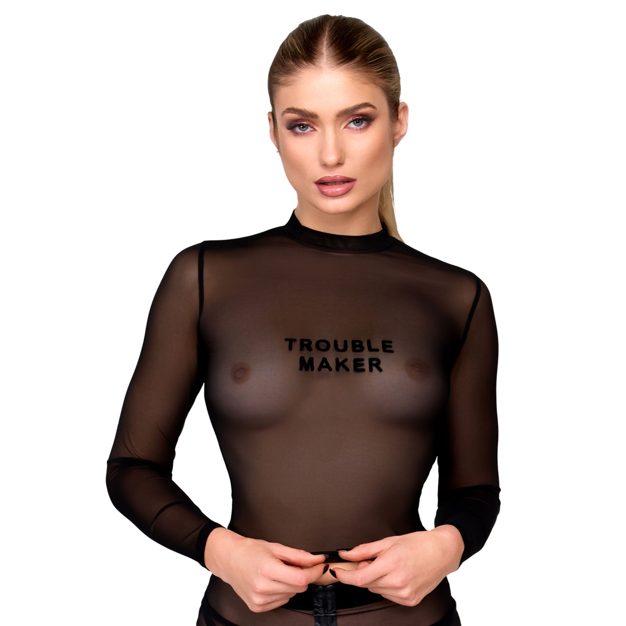Mesh sheer tulle net transparent polyester elastane seethru see-thru see-through apparel top shirt long-sleeve longsleeve sleeves sleeved cropped-cut statement troublemaker trouble-maker bold sensual functional snug sexy minimal stretchy provocative attitude fetish fashion alt-fashion alternative punk goth gothic cyber club clubwear rave raver-babe ravewear kink kinky kinkwear brat bratty female femme feminine womens black