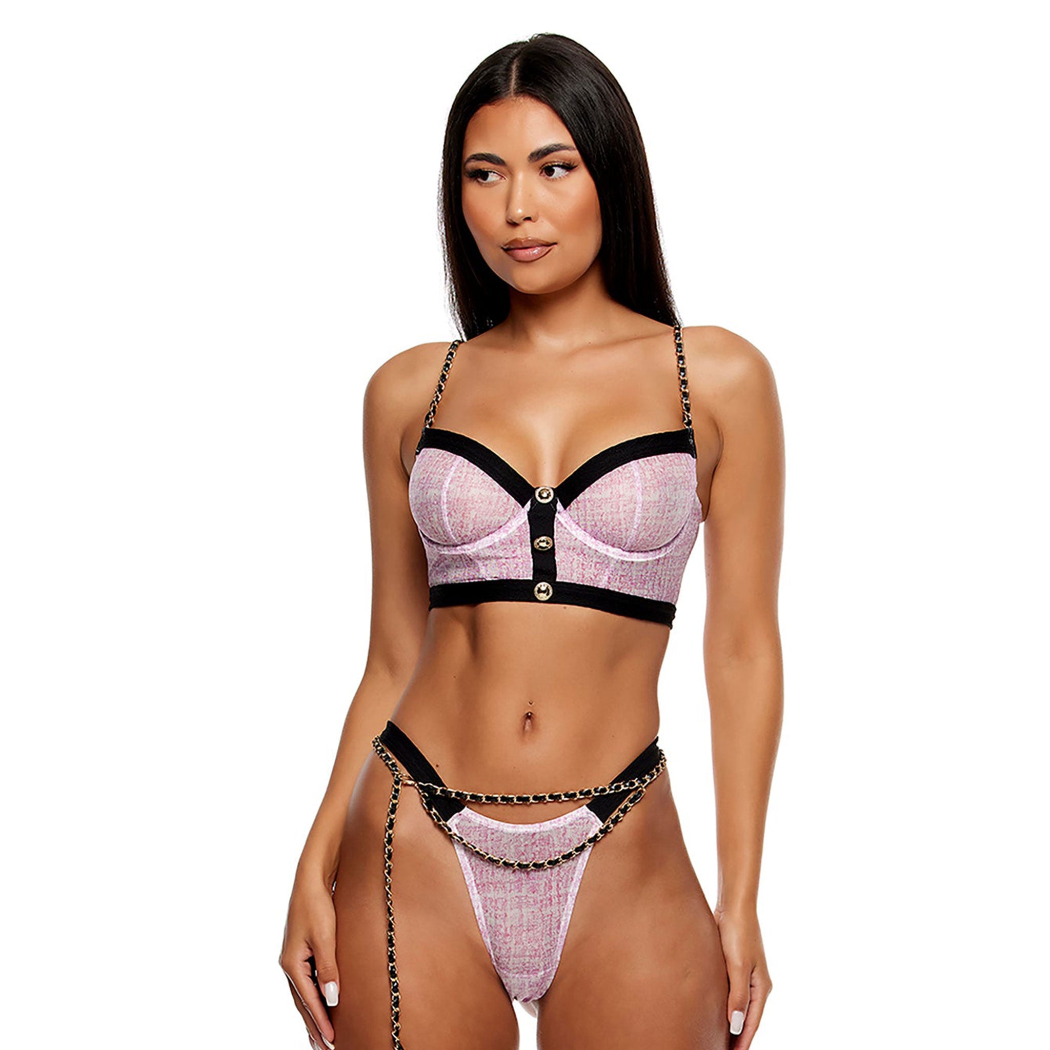 Polyester Spandex nylon sheer mesh transparent intimates lingerie lingerie-set tweed-print tweed bustier bra longline underwire support gstring g-string panty panties adjustable shoulder-straps hook-and-eye 3pc 3-pc 3-piece three-piece sexy chain chain-belt interwoven faux-leather ornamental-buttons 80s-fashion female feminine femme women pink black