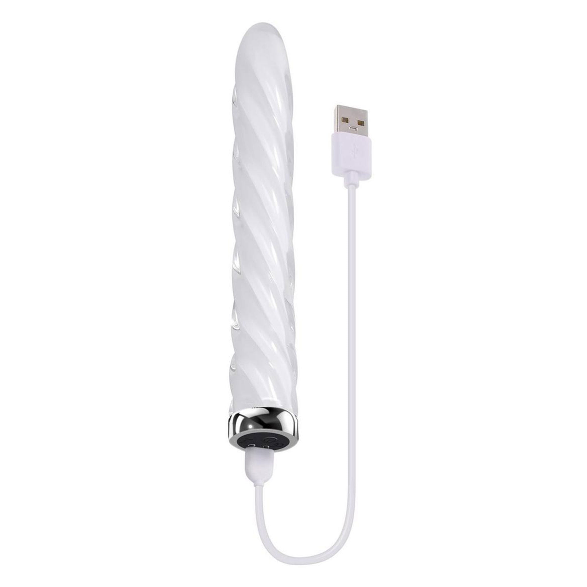 Glass borosilicate-glass silicone accessories insertable vibe vibrating vibration bullet tapered-tip twisting-texture corkscrew spiral sleek smooth slippery adult-toys kink kinky kinky-toys unisex clear white