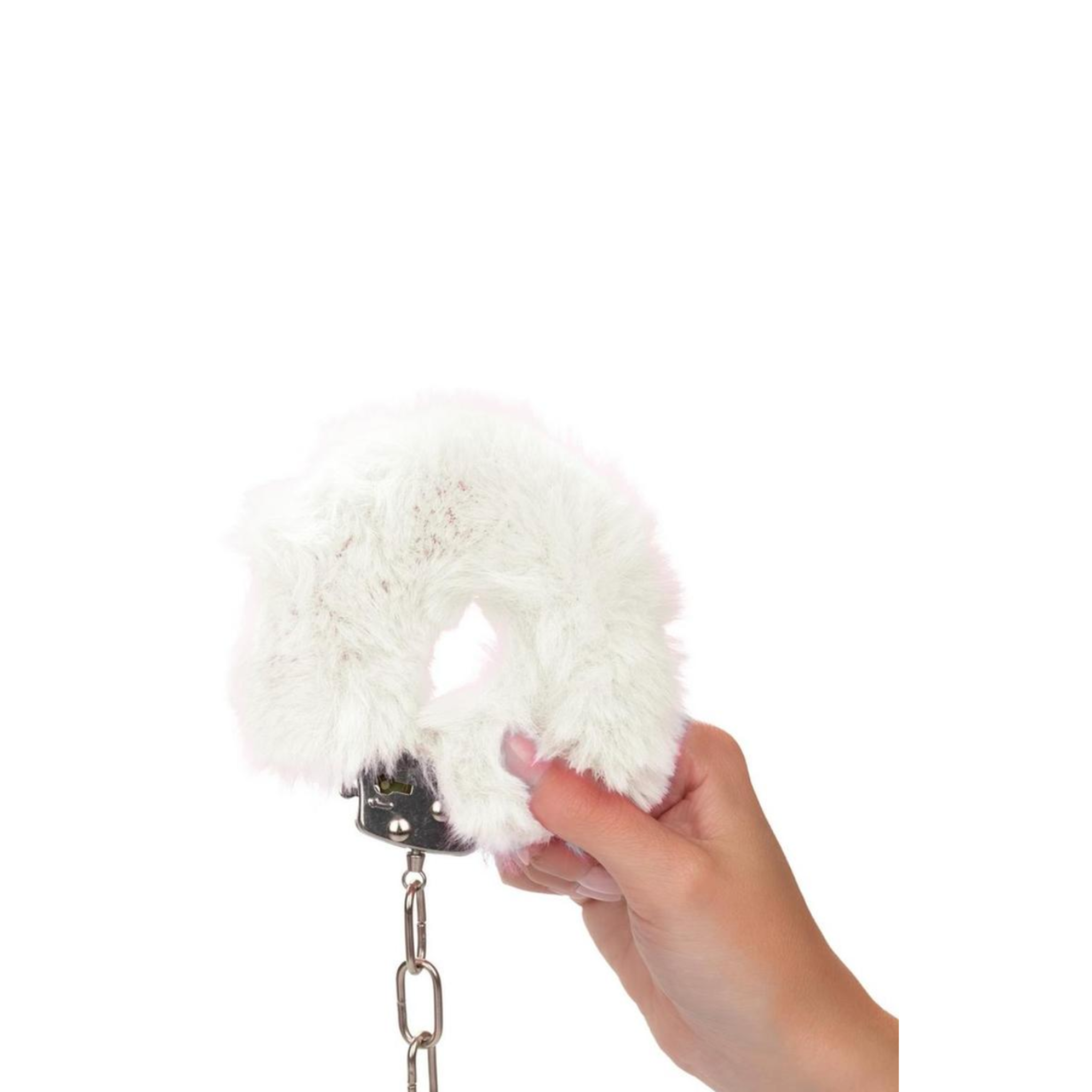 Adjustable metal handcuffs with plush faux fur and lockable design, complete with safety release latch.