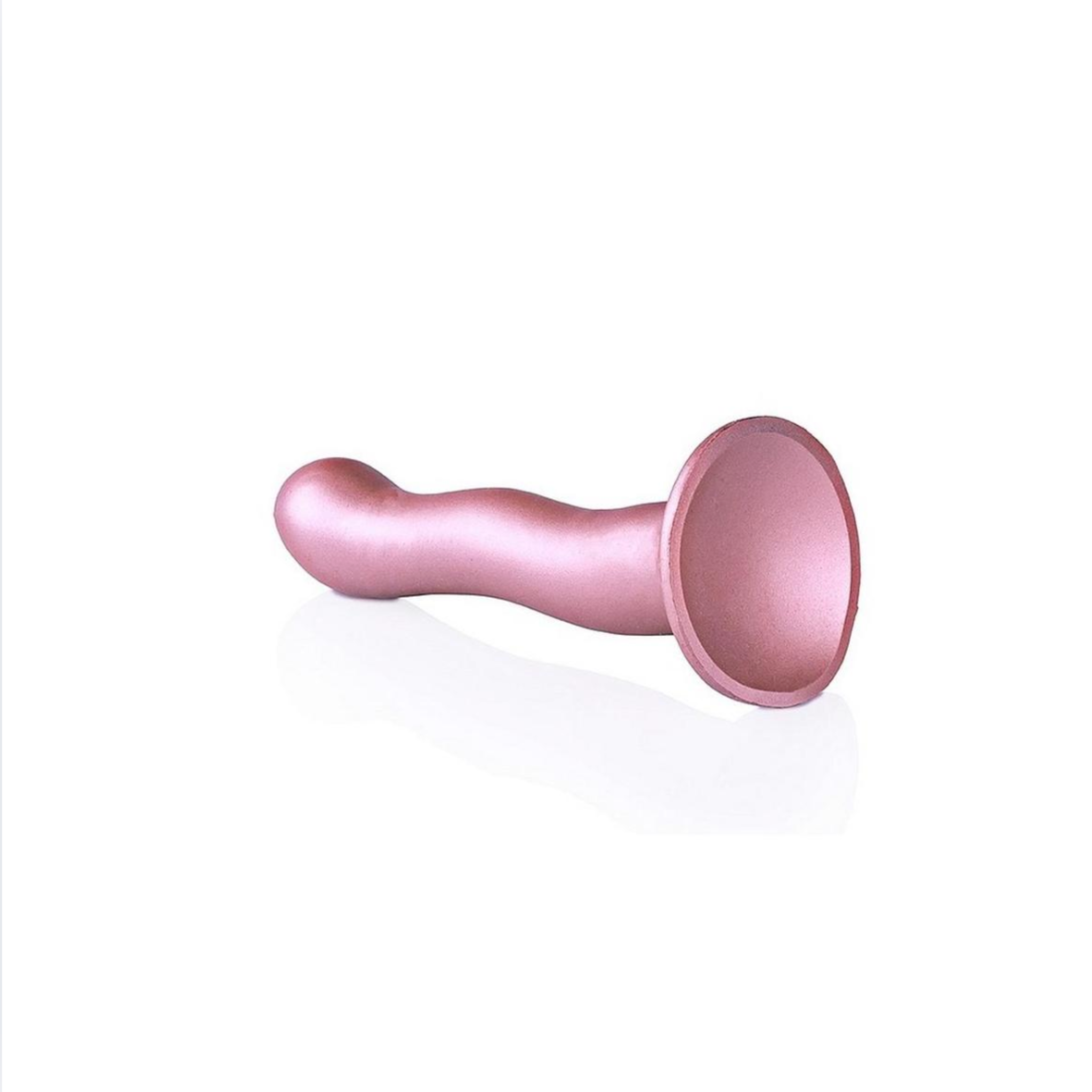 Ultra Soft Curvy G-Spot Silicone Dildo in metallic rose gold with strong suction cup for versatile use.