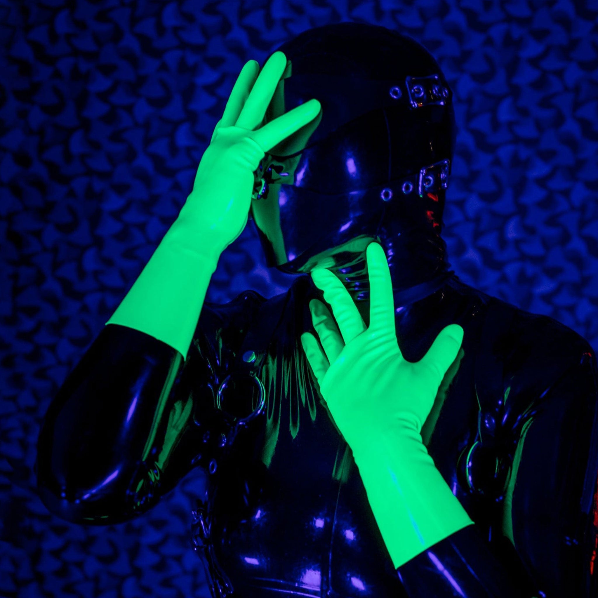 Latex rubber accessories gloves full-fingered mid-arm wrist mid-forearm forearm fetish fashion alt-fashion medical medical-play kink kinky kinky-play bdsm bdsm-gear unisex blacklight blacklight-reactive ultraviolet uv-reactive uv-glow green neon-green