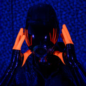 Latex rubber accessories gloves full-fingered mid-arm wrist mid-forearm forearm fetish fashion alt-fashion medical medical-play kink kinky kinky-play bdsm bdsm-gear unisex blacklight blacklight-reactive ultraviolet uv-reactive uv-glow orange neon-orange