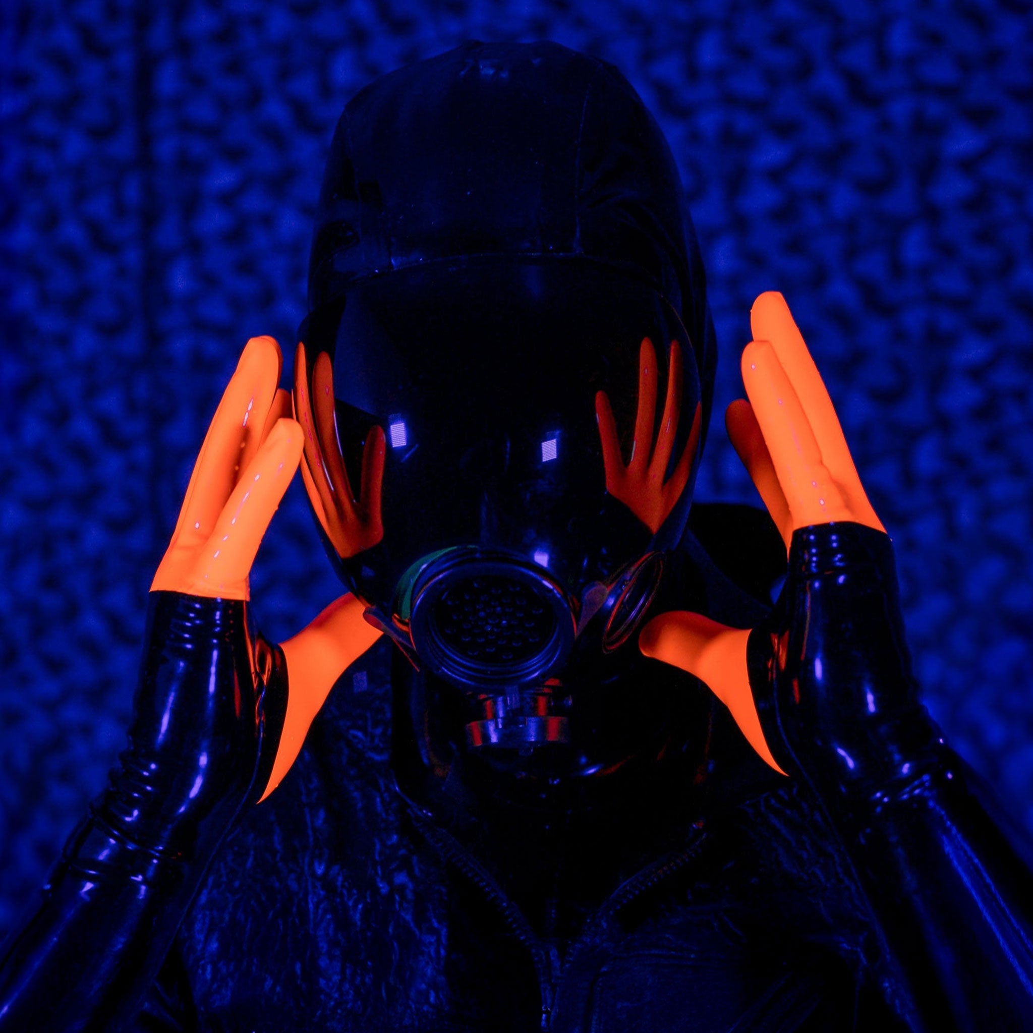 Latex rubber accessories gloves full-fingered mid-arm wrist mid-forearm forearm fetish fashion alt-fashion medical medical-play kink kinky kinky-play bdsm bdsm-gear unisex blacklight blacklight-reactive ultraviolet uv-reactive uv-glow orange neon-orange