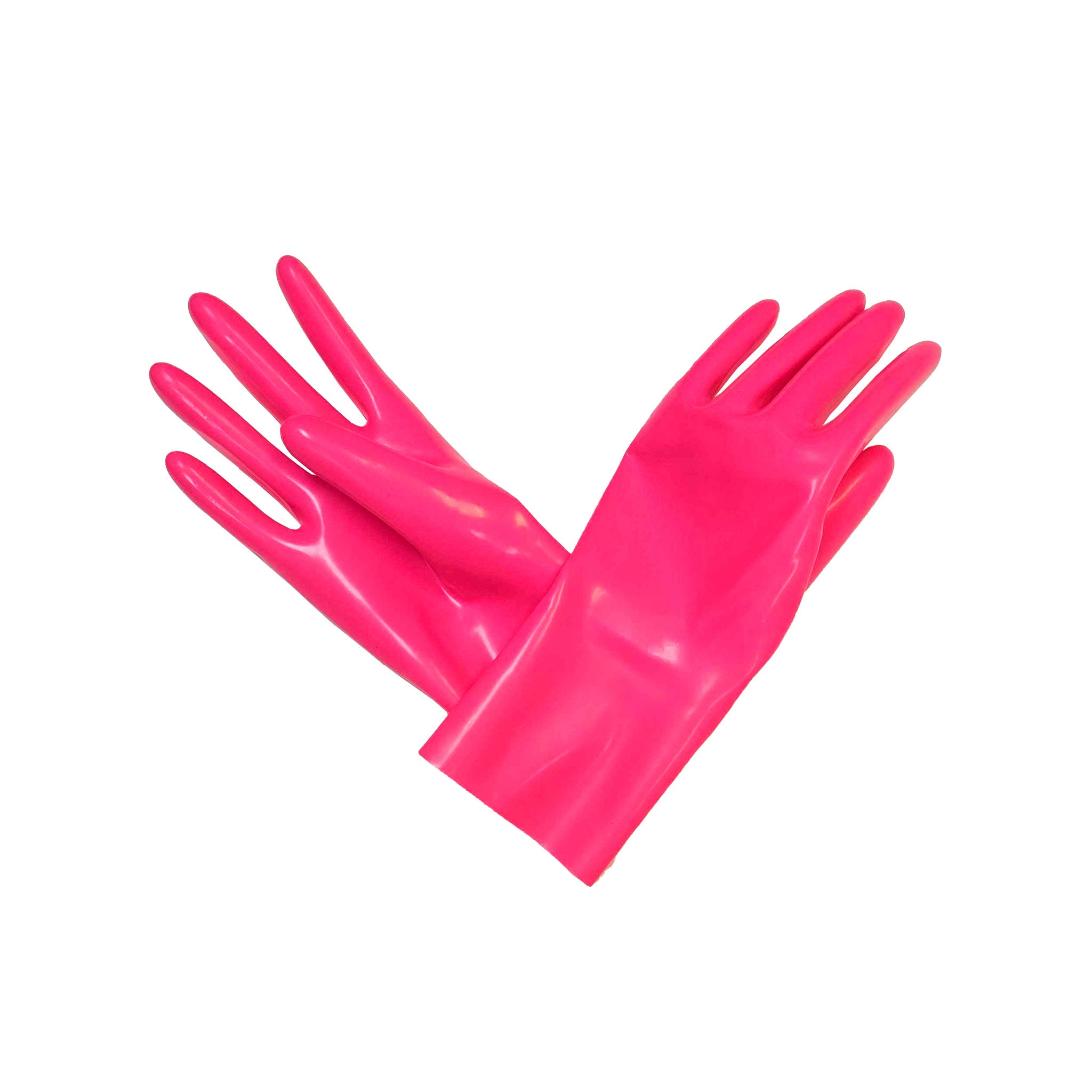 Latex rubber accessories gloves full-fingered mid-arm wrist mid-forearm forearm fetish fashion alt-fashion medical medical-play kink kinky kinky-play bdsm bdsm-gear unisex blacklight blacklight-reactive ultraviolet uv-reactive uv-glow pink neon-pink