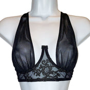 Spandex polyester lace mesh apparel tops intimates lingerie bra brassiere bralette underwire underwire-support oversized-gore mesh-cups hook-and-eye back-closure adjustable shoulder-strap lingerie-day sexy smooth seductive fetish fashion alt-fashion alternative bedroom festival costume cosplay halloween female femme feminine womens black