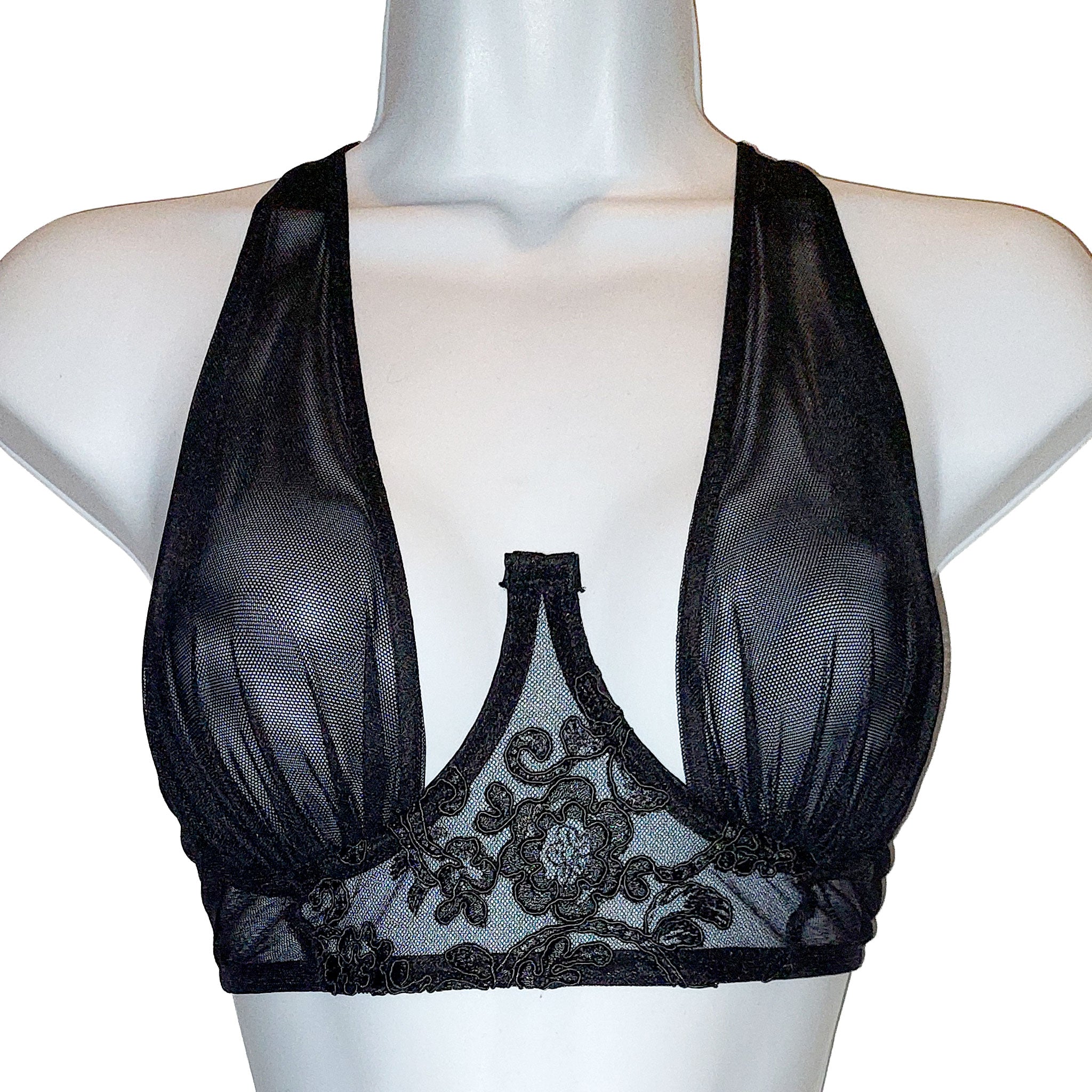 Spandex polyester lace mesh apparel tops intimates lingerie bra brassiere bralette underwire underwire-support oversized-gore mesh-cups hook-and-eye back-closure adjustable shoulder-strap lingerie-day sexy smooth seductive fetish fashion alt-fashion alternative bedroom festival costume cosplay halloween female femme feminine womens black