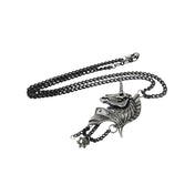 Pewter fine English jewelry necklace metallic chain pendant unicorn head armored skeleton skeletal skull morning star morningstar hanging chains alt-fashion goth gothic accessories unisex