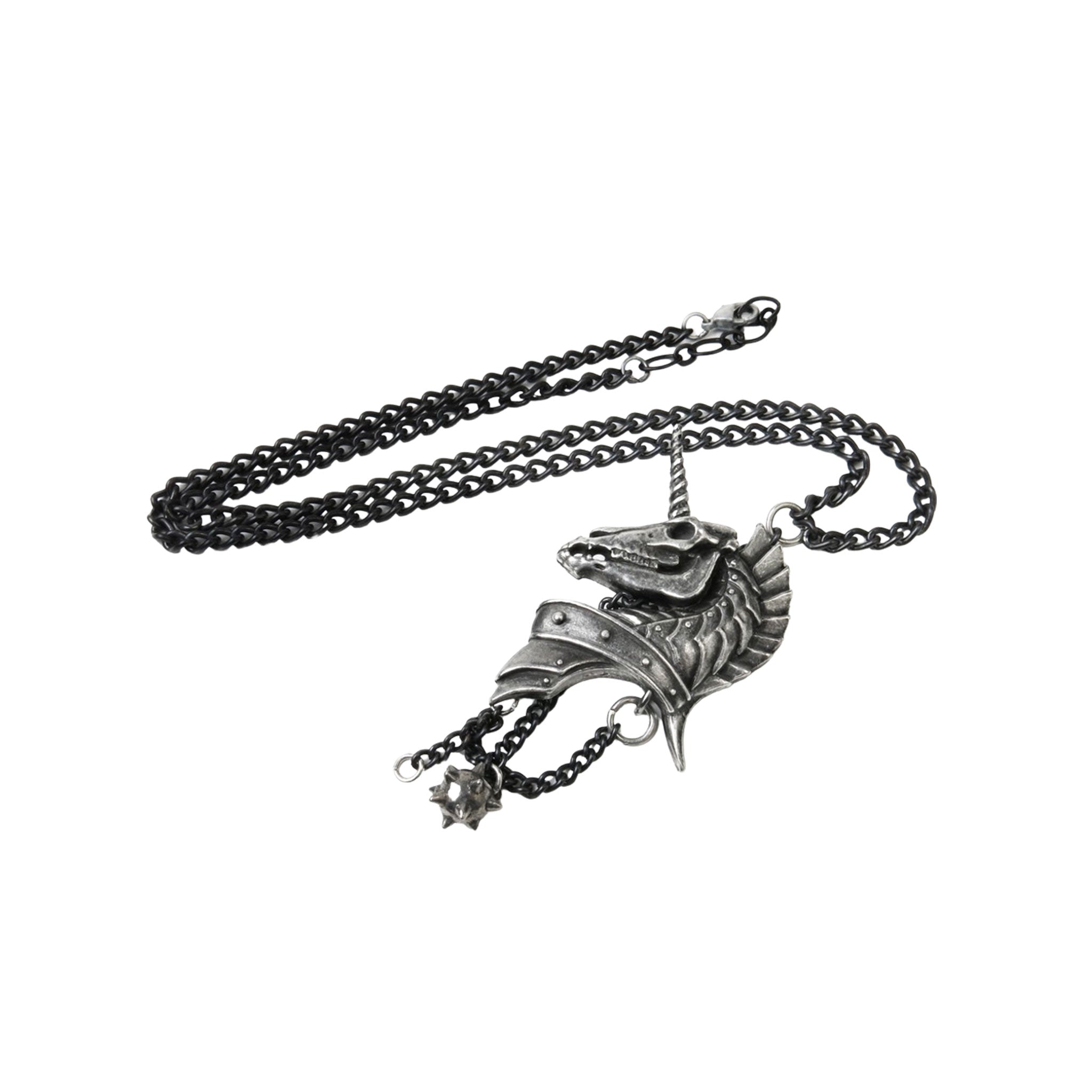 Pewter fine English jewelry necklace metallic chain pendant unicorn head armored skeleton skeletal skull morning star morningstar hanging chains alt-fashion goth gothic accessories unisex