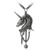 Pewter fine English jewelry necklace metallic chain pendant unicorn head armored skeleton skeletal skull morning star morningstar hanging chains alt-fashion goth gothic accessories unisex