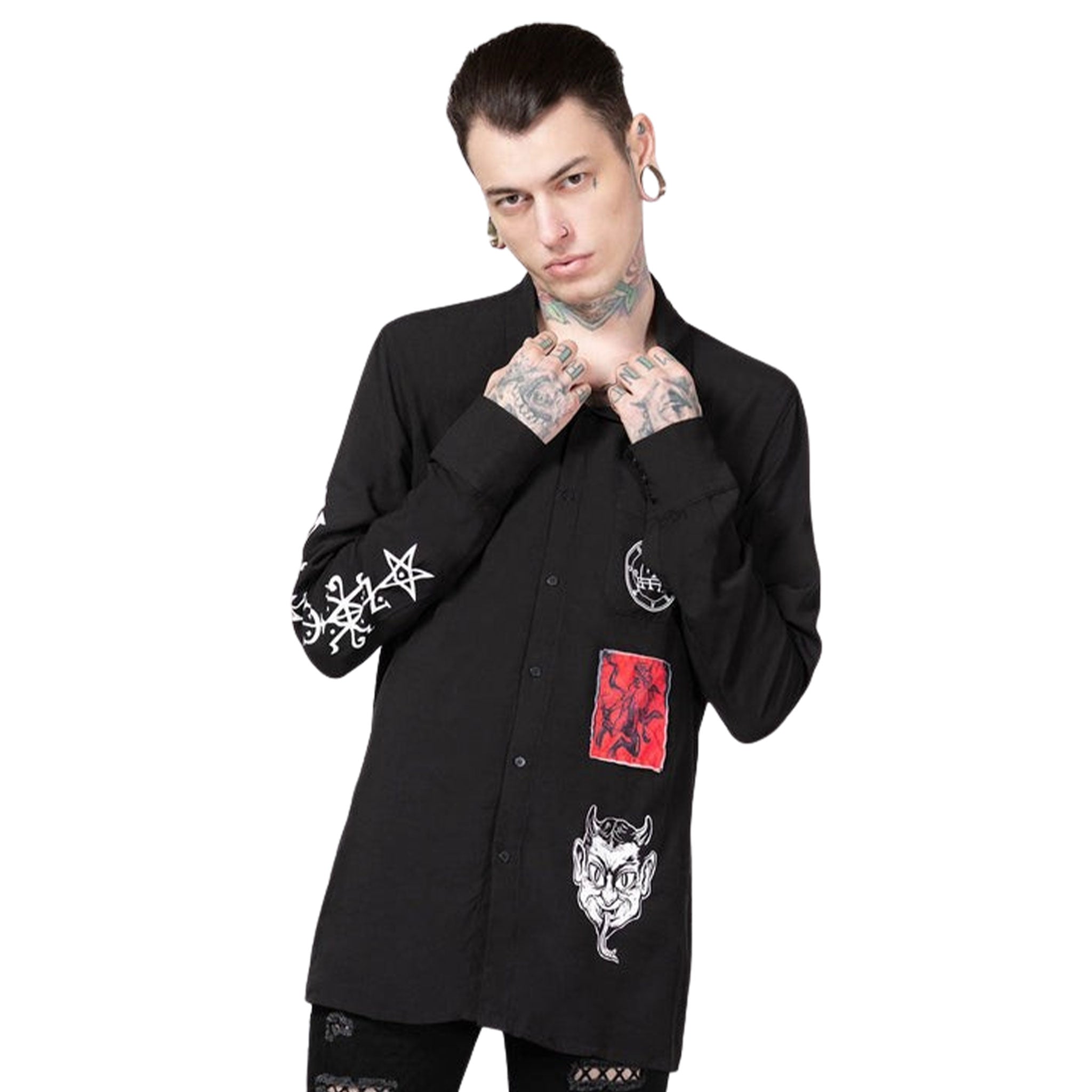 Viscose rayon apparel tops shirt button-up button-down long-sleeve longsleeve sleeves sleeved printed-sleeves collared lapels devil-patch devilish stylish soft regular-fit fashion alt-fashion emo punk goth gothic cyber costume cosplay halloween unisex black
