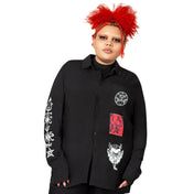 Viscose rayon apparel tops shirt button-up button-down long-sleeve longsleeve sleeves sleeved printed-sleeves collared lapels devil-patch devilish stylish soft regular-fit fashion alt-fashion emo punk goth gothic cyber costume cosplay halloween unisex black
