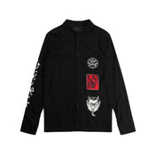 Viscose rayon apparel tops shirt button-up button-down long-sleeve longsleeve sleeves sleeved printed-sleeves collared lapels devil-patch devilish stylish soft regular-fit fashion alt-fashion emo punk goth gothic cyber costume cosplay halloween unisex black