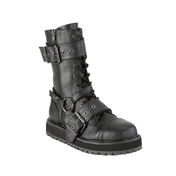 unisex harness strapped 38mm platform buckle boots black faux leather lace up combat goth punk fetish alternative footwear with harness strap metal buckles ornamental zipper side zip closure chunky platform fetish factory