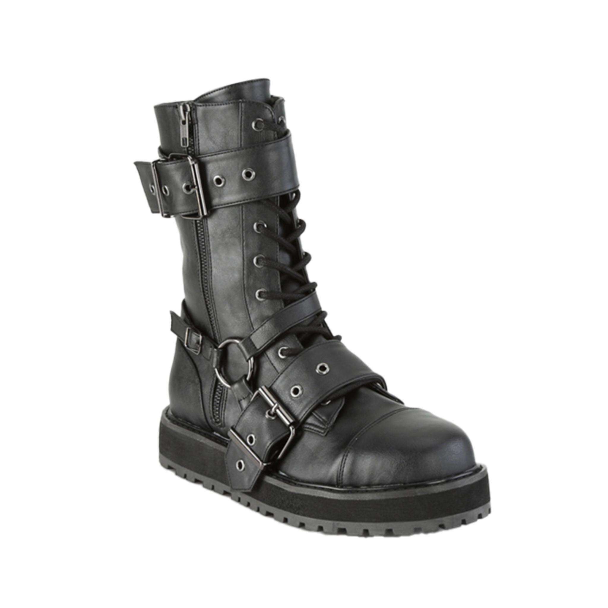 unisex harness strapped 38mm platform buckle boots black faux leather lace up combat goth punk fetish alternative footwear with harness strap metal buckles ornamental zipper side zip closure chunky platform fetish factory