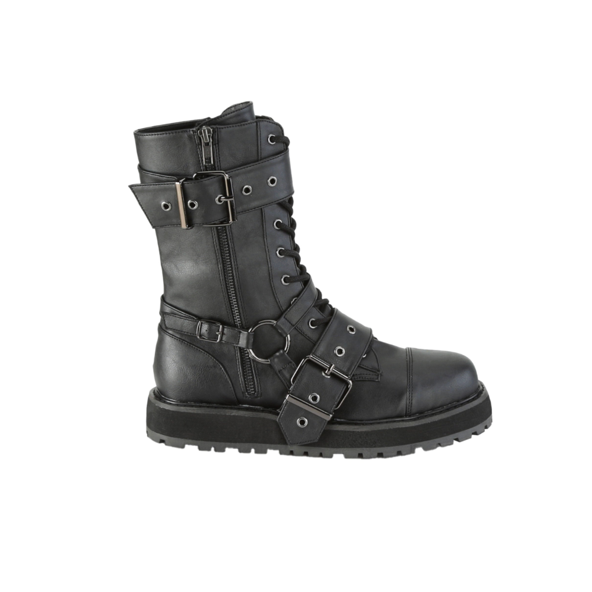 unisex harness strapped 38mm platform buckle boots black faux leather lace up combat goth punk fetish alternative footwear with harness strap metal buckles ornamental zipper side zip closure chunky platform fetish factory