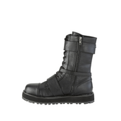 unisex harness strapped 38mm platform buckle boots black faux leather lace up combat goth punk fetish alternative footwear with harness strap metal buckles ornamental zipper side zip closure chunky platform fetish factory