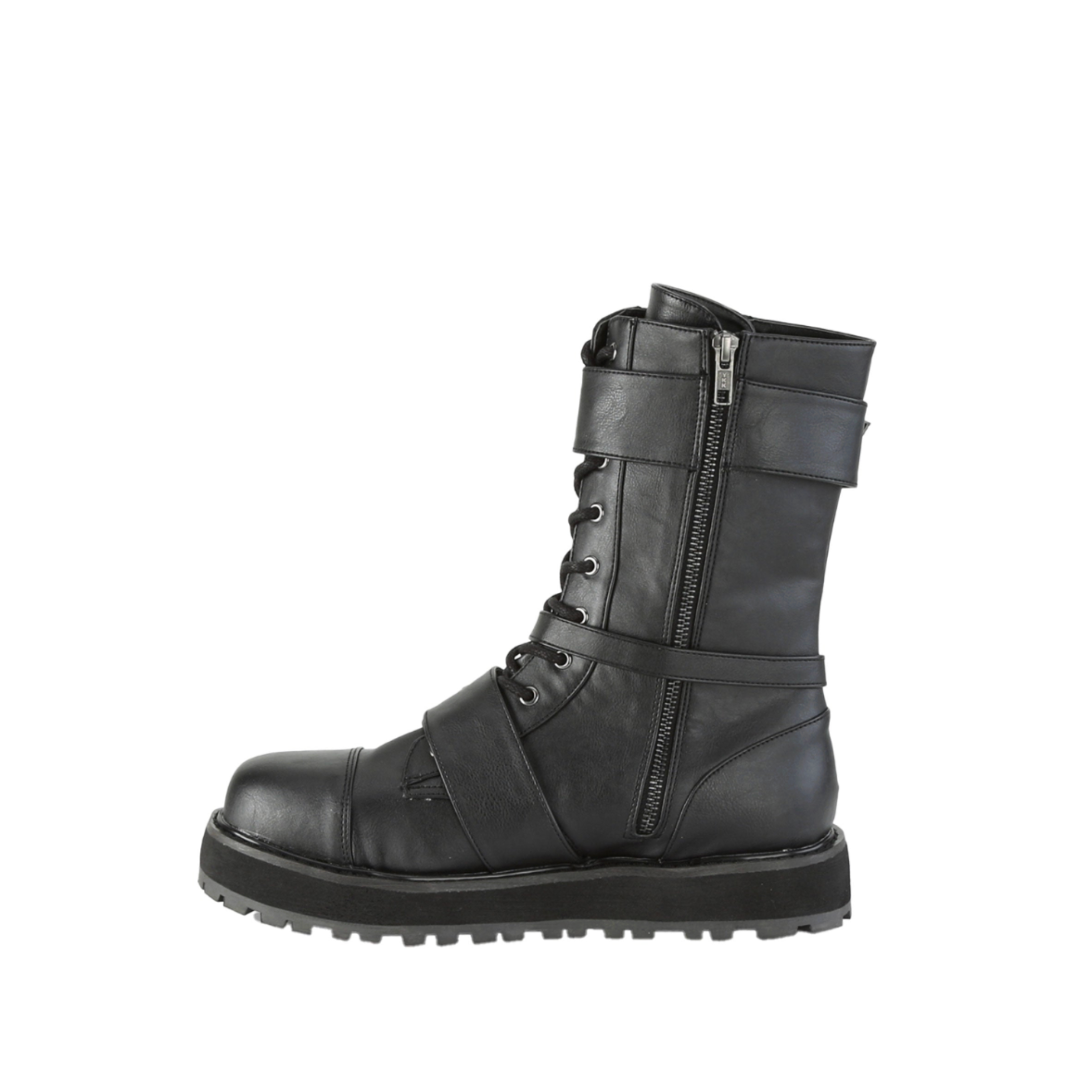 unisex harness strapped 38mm platform buckle boots black faux leather lace up combat goth punk fetish alternative footwear with harness strap metal buckles ornamental zipper side zip closure chunky platform fetish factory
