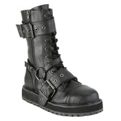 Faux-leather synthetic footwear shoe boot mid-calf combat-boots strappy buckle double-buckle nylon-lacing laceup lace-up laceup-front round-toe buckle ornamental-zip inside-zip zipper strut attitude edgy style stylish versatile fetish fashion alt-fashion punk rock unisex male masculine masc mens dudes guys black