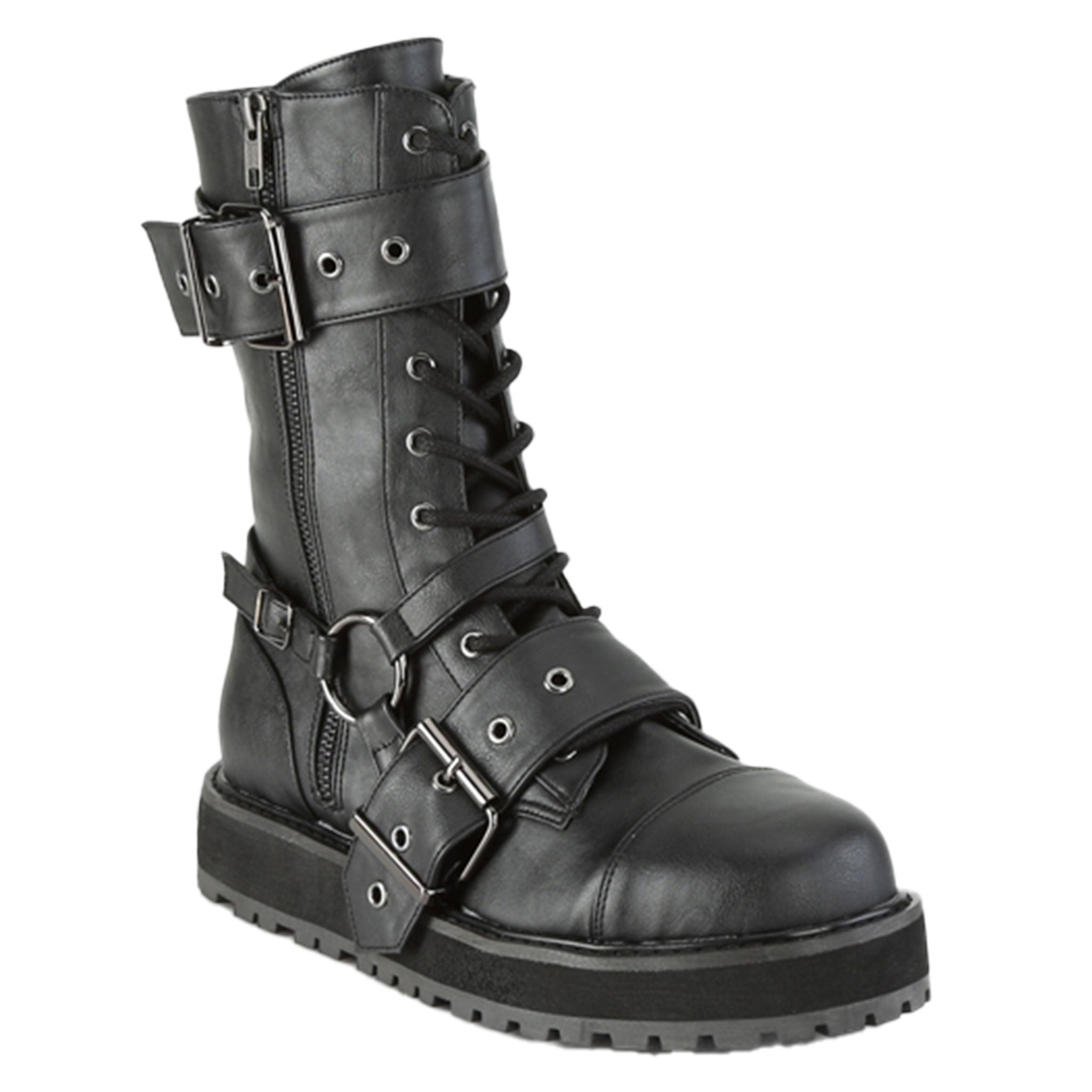 Faux-leather synthetic footwear shoe boot mid-calf combat-boots strappy buckle double-buckle nylon-lacing laceup lace-up laceup-front round-toe buckle ornamental-zip inside-zip zipper strut attitude edgy style stylish versatile fetish fashion alt-fashion punk rock unisex male masculine masc mens dudes guys black