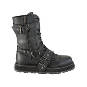 Faux-leather synthetic footwear shoe boot mid-calf combat-boots strappy buckle double-buckle nylon-lacing laceup lace-up laceup-front round-toe buckle ornamental-zip inside-zip zipper strut attitude edgy style stylish versatile fetish fashion alt-fashion punk rock unisex male masculine masc mens dudes guys black