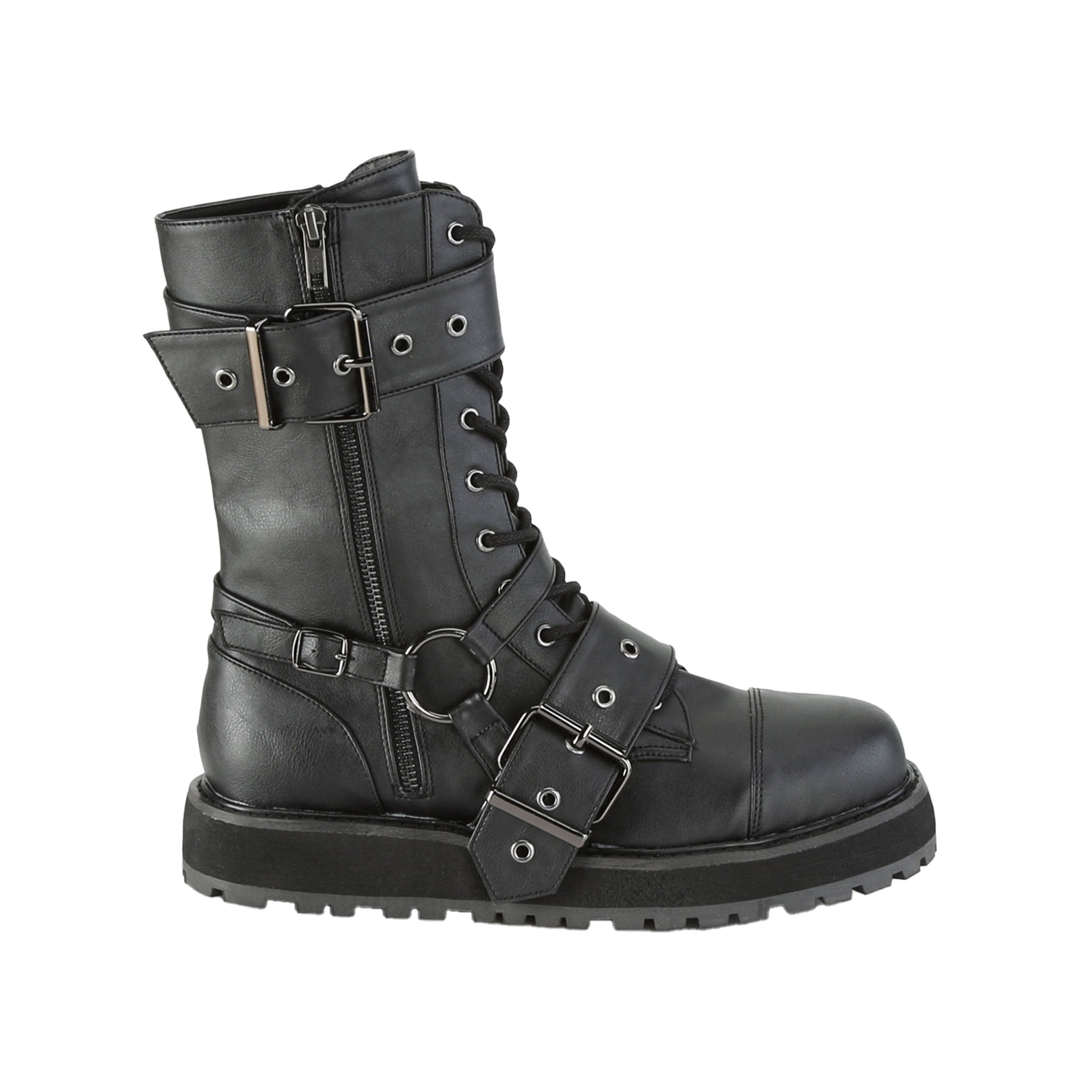 Faux-leather synthetic footwear shoe boot mid-calf combat-boots strappy buckle double-buckle nylon-lacing laceup lace-up laceup-front round-toe buckle ornamental-zip inside-zip zipper strut attitude edgy style stylish versatile fetish fashion alt-fashion punk rock unisex male masculine masc mens dudes guys black