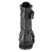 Faux-leather synthetic footwear shoe boot mid-calf combat-boots strappy buckle double-buckle nylon-lacing laceup lace-up laceup-front round-toe buckle ornamental-zip inside-zip zipper strut attitude edgy style stylish versatile fetish fashion alt-fashion punk rock unisex male masculine masc mens dudes guys black