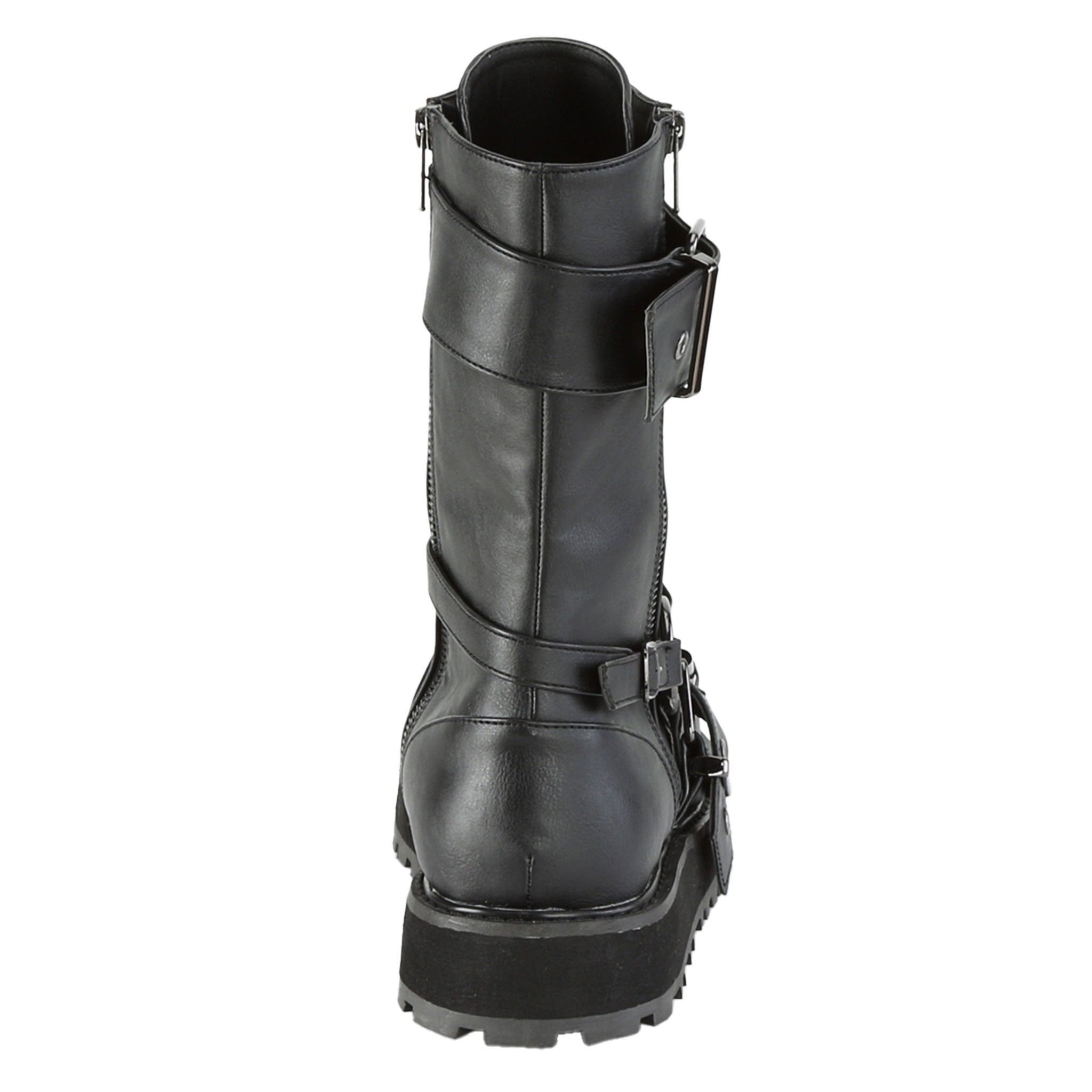 Faux-leather synthetic footwear shoe boot mid-calf combat-boots strappy buckle double-buckle nylon-lacing laceup lace-up laceup-front round-toe buckle ornamental-zip inside-zip zipper strut attitude edgy style stylish versatile fetish fashion alt-fashion punk rock unisex male masculine masc mens dudes guys black