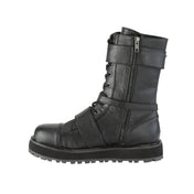 Faux-leather synthetic footwear shoe boot mid-calf combat-boots strappy buckle double-buckle nylon-lacing laceup lace-up laceup-front round-toe buckle ornamental-zip inside-zip zipper strut attitude edgy style stylish versatile fetish fashion alt-fashion punk rock unisex male masculine masc mens dudes guys black