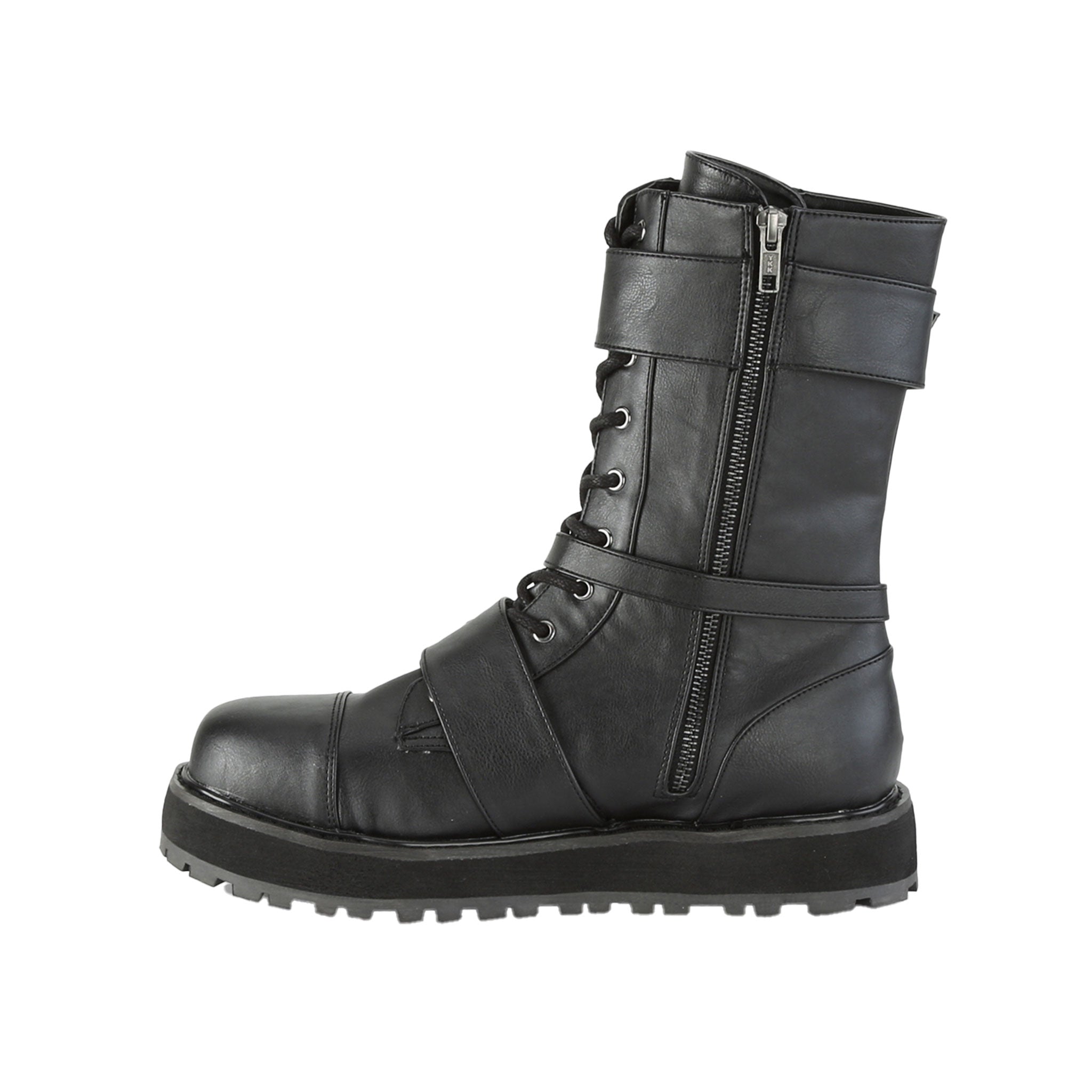 Faux-leather synthetic footwear shoe boot mid-calf combat-boots strappy buckle double-buckle nylon-lacing laceup lace-up laceup-front round-toe buckle ornamental-zip inside-zip zipper strut attitude edgy style stylish versatile fetish fashion alt-fashion punk rock unisex male masculine masc mens dudes guys black