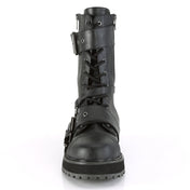 Faux-leather synthetic footwear shoe boot mid-calf combat-boots strappy buckle double-buckle nylon-lacing laceup lace-up laceup-front round-toe buckle ornamental-zip inside-zip zipper strut attitude edgy style stylish versatile fetish fashion alt-fashion punk rock unisex male masculine masc mens dudes guys black