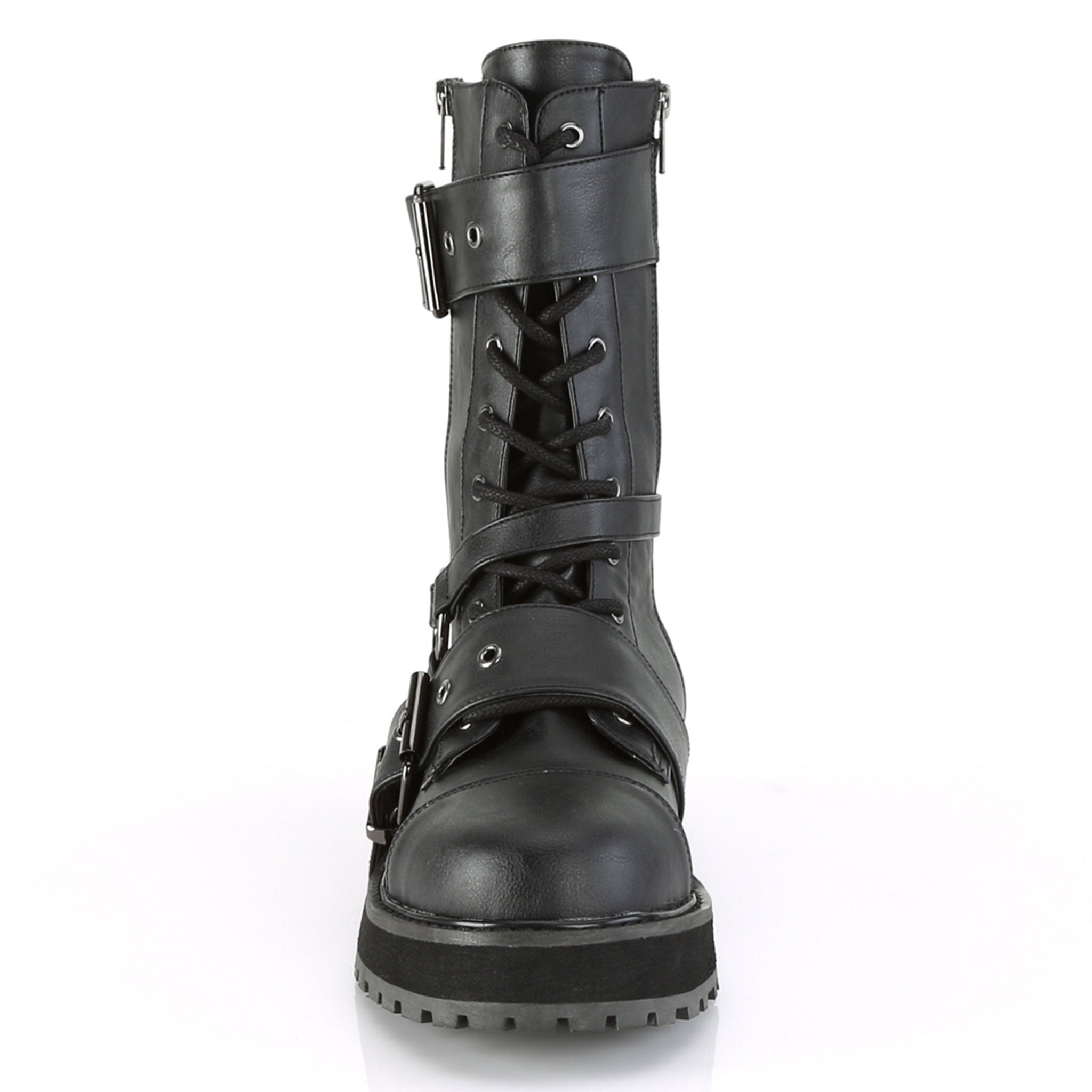 Faux-leather synthetic footwear shoe boot mid-calf combat-boots strappy buckle double-buckle nylon-lacing laceup lace-up laceup-front round-toe buckle ornamental-zip inside-zip zipper strut attitude edgy style stylish versatile fetish fashion alt-fashion punk rock unisex male masculine masc mens dudes guys black
